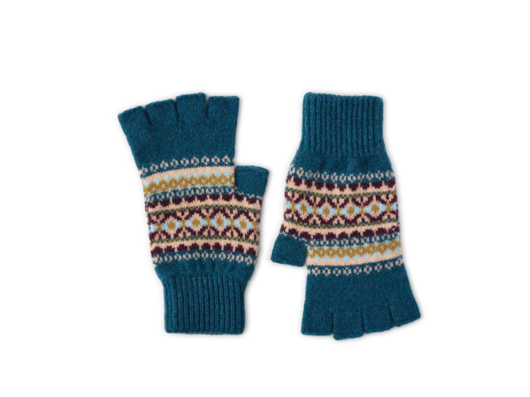 The Lambswool Fairisle Half-Finger Gloves by Campbells of Beauly in teal feature a multicolored yellow, cream, and burgundy fairisle pattern and are shown flat on a white background.