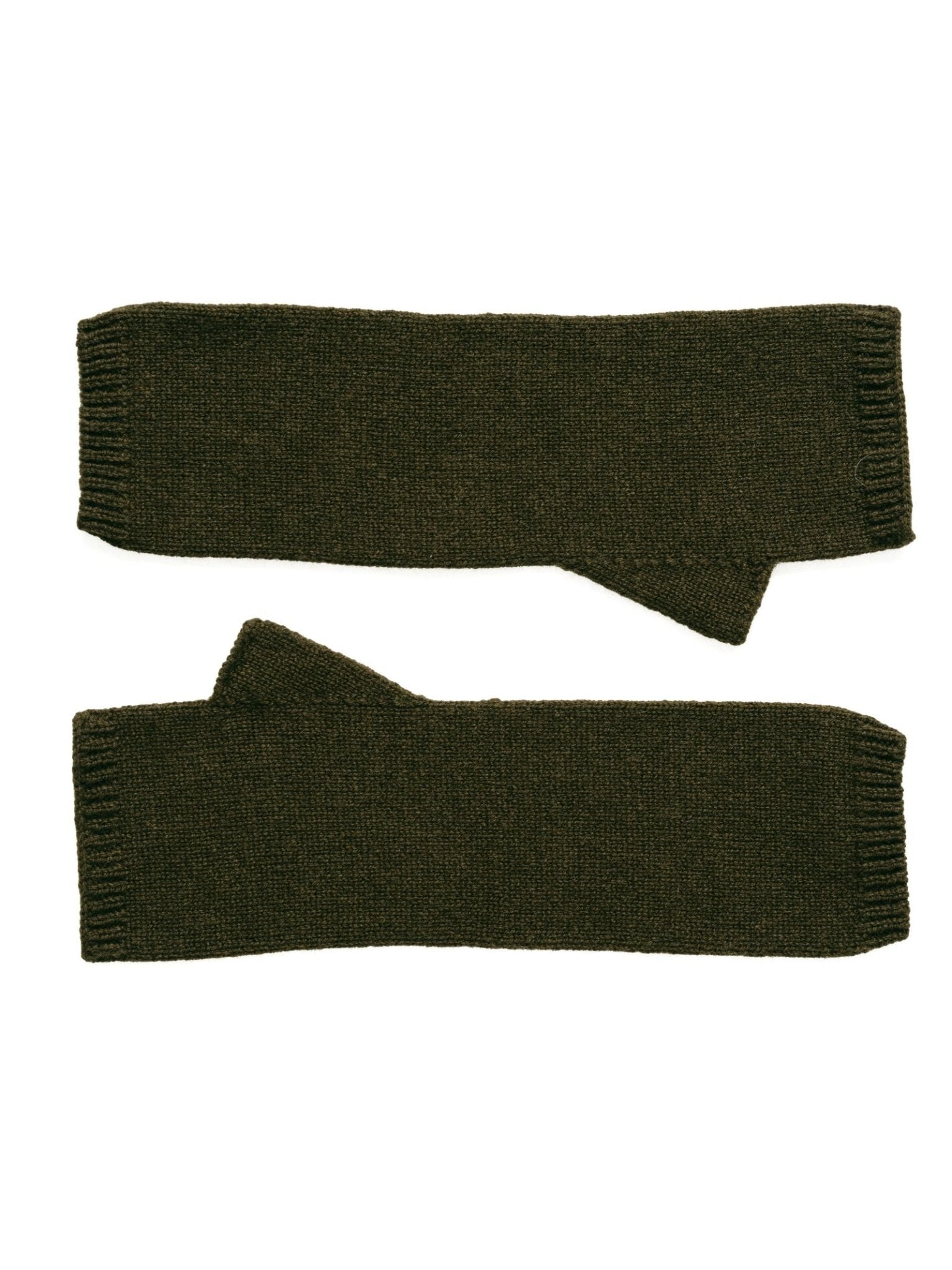 Two Military Green Cashmere Mittens by Campbells of Beauly are laid flat on a white background, showing their ribbed cuffs and rectangular shape. One mitten rests above the other, highlighting their insulating natural fiber construction.