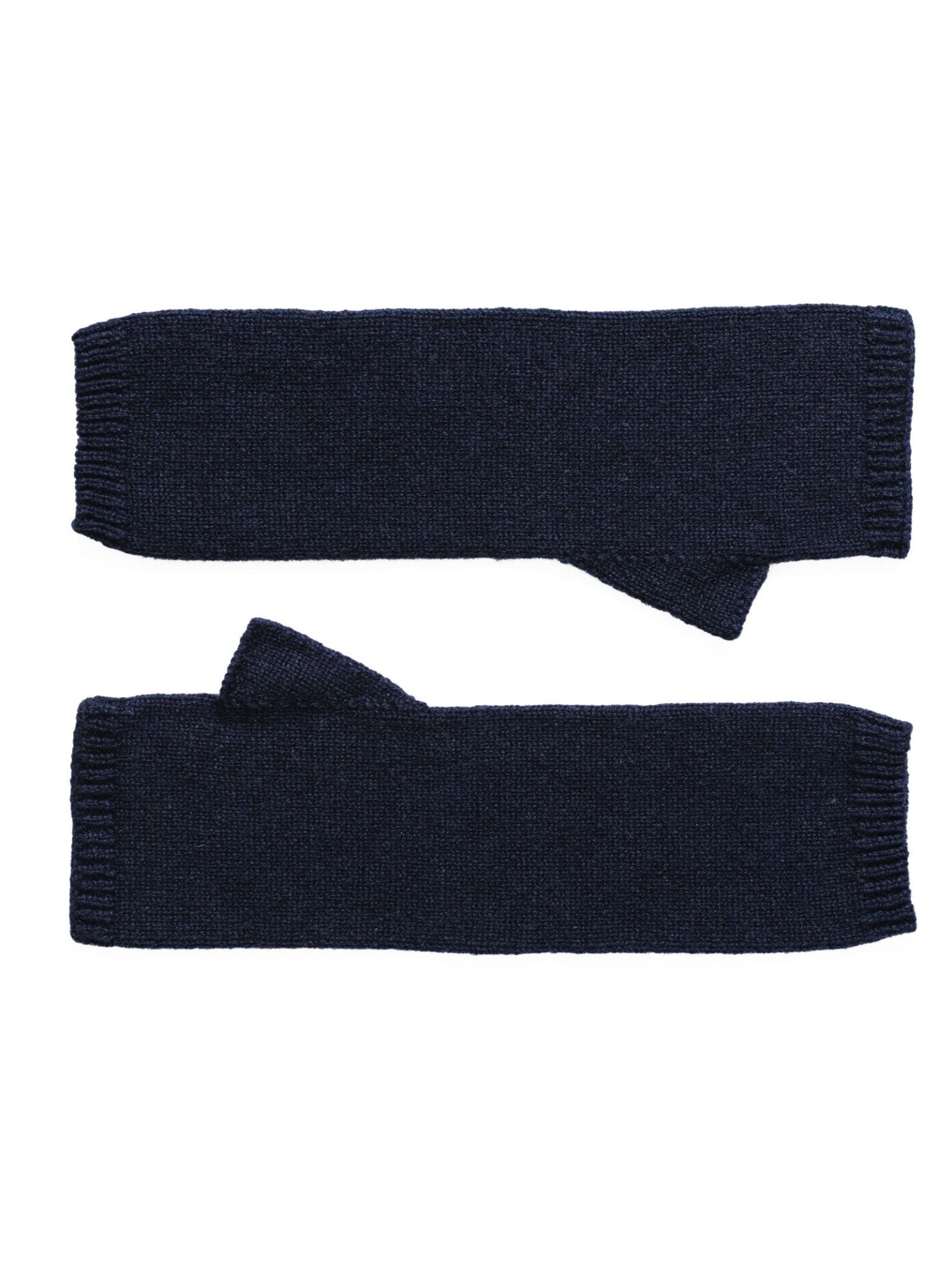Campbells of Beauly Cashmere Mittens in navy, crafted from insulating natural fibers, are laid flat on a white background with one fingerless glove placed above the other.