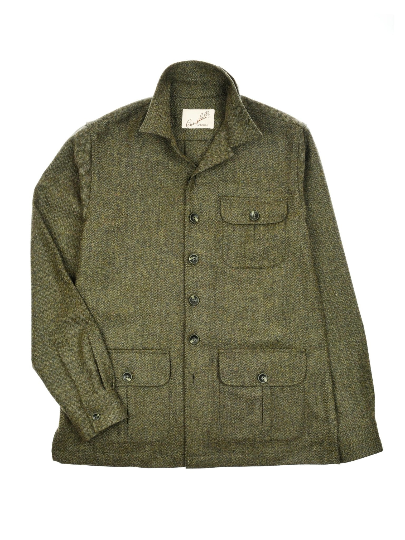 Campbells of Beauly Casual Shacket in Green Melange: a wool button-up with collar, long sleeves, and four front button-flap pockets. Traditional tailoring inspiration; visible garment label inside the collar.
