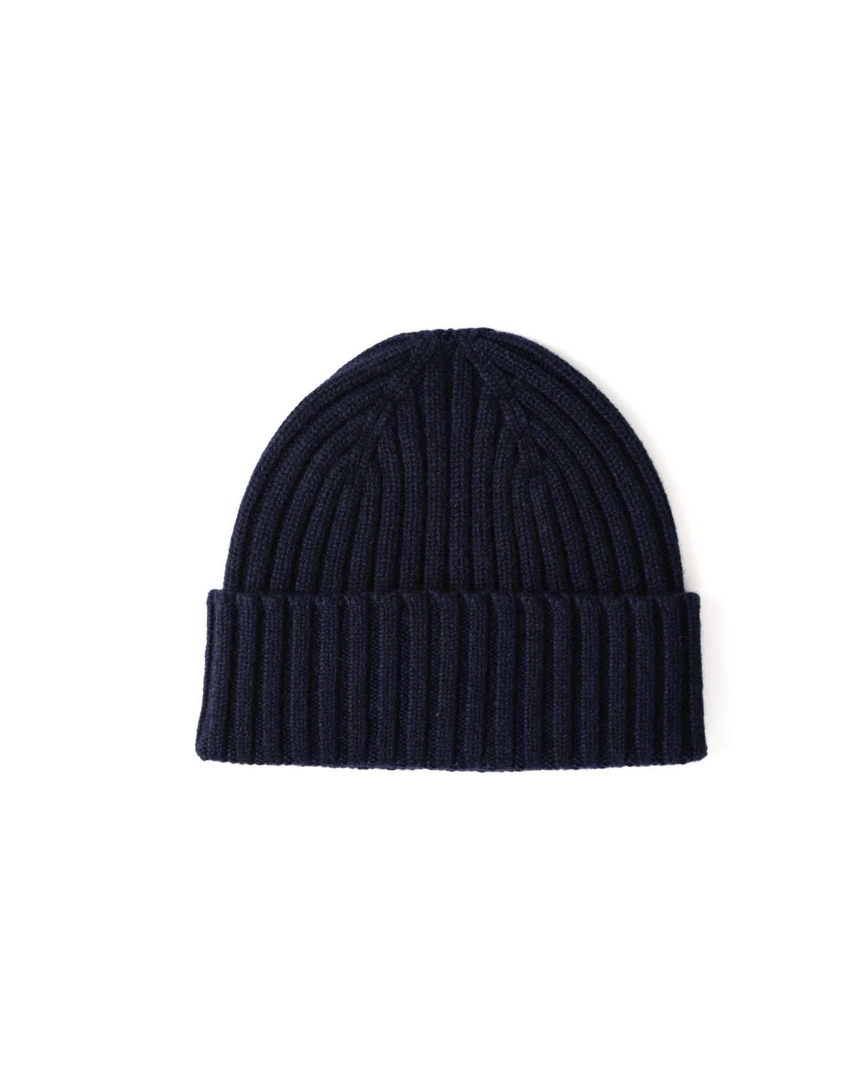 The Campbells of Beauly Cashmere Rib Hat in navy features a ribbed design and folded brim, inspired by Scottish Borders craftsmanship, shown on a plain white background.