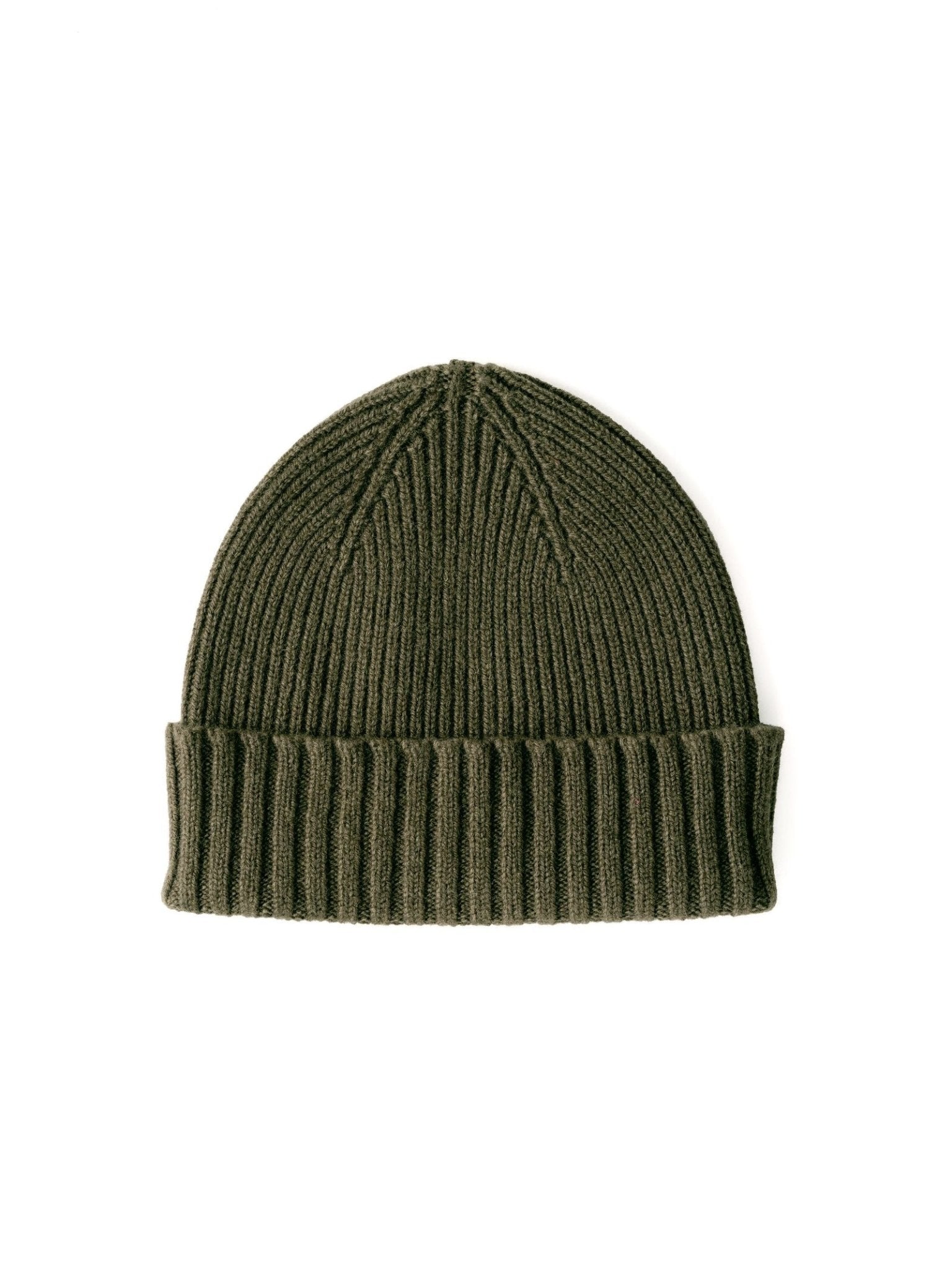 The Campbells of Beauly Rib Hat in olive, knitted from wool in the UK with a folded brim, is shown flat on a white background—a true winter essential.