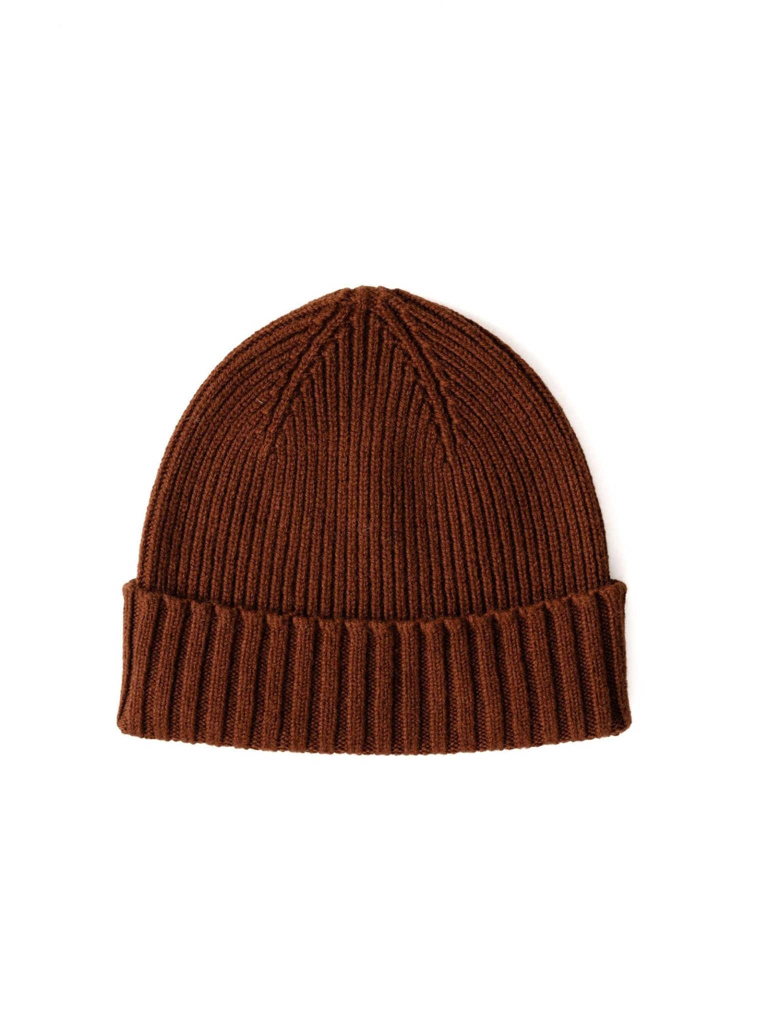 The Campbells of Beauly Rib Hat in hazelnut is a UK-knitted wool hat with a folded cuff, shown on a white background—a stylish and warm winter essential.