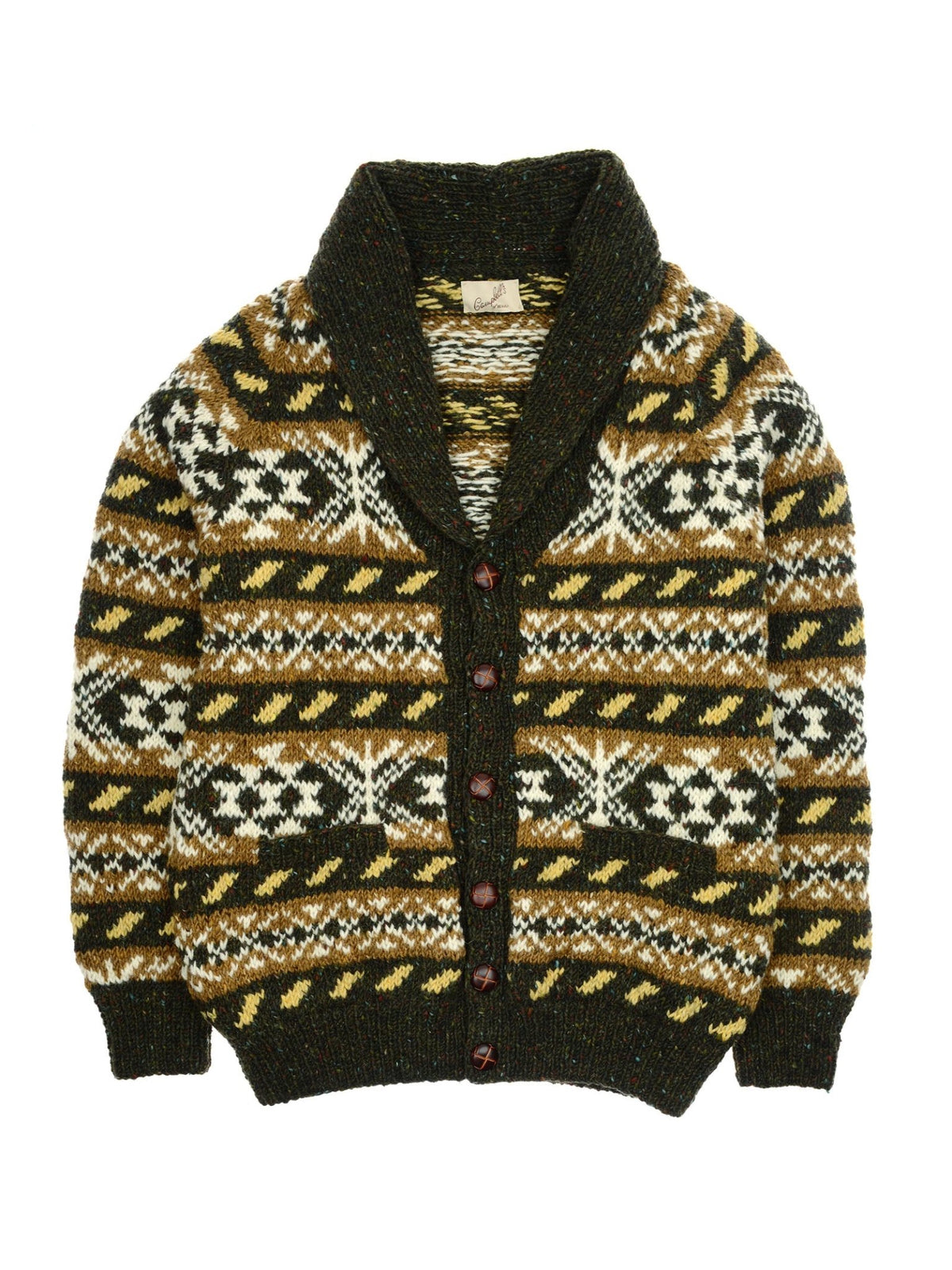 The Campbell’s of Beauly Hand Knit Fairisle Shawl Cardigan is a button-up, shawl collar cardigan adorned with a geometric Fair Isle pattern in earthy brown, yellow, olive, and cream tones. Reminiscent of classic hand-knitted wool cardigans, it features ribbed cuffs and hem for added comfort and style.