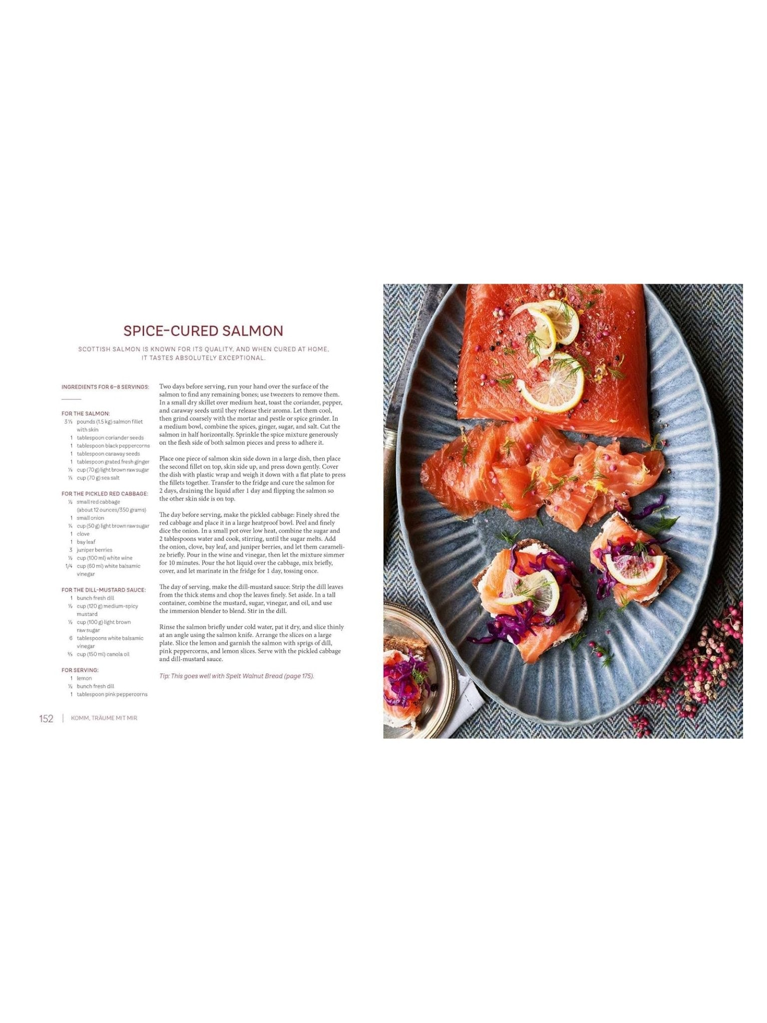 A page from the Highland Harvest Book by Campbell's of Beauly shows a Scottish spice-cured salmon recipe beside a photo of sliced cured salmon with lemon and two pieces of salmon-topped bread.