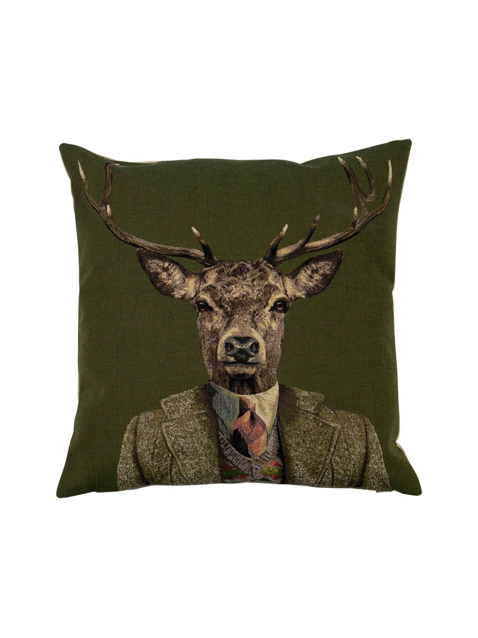A green decorative cushion cover by Campbell’s of Beauly, the Jacket & Tie Deer Cushion Cover, features an illustration of a stag with antlers dressed in a suit, dress shirt, and tie against a plain white background.