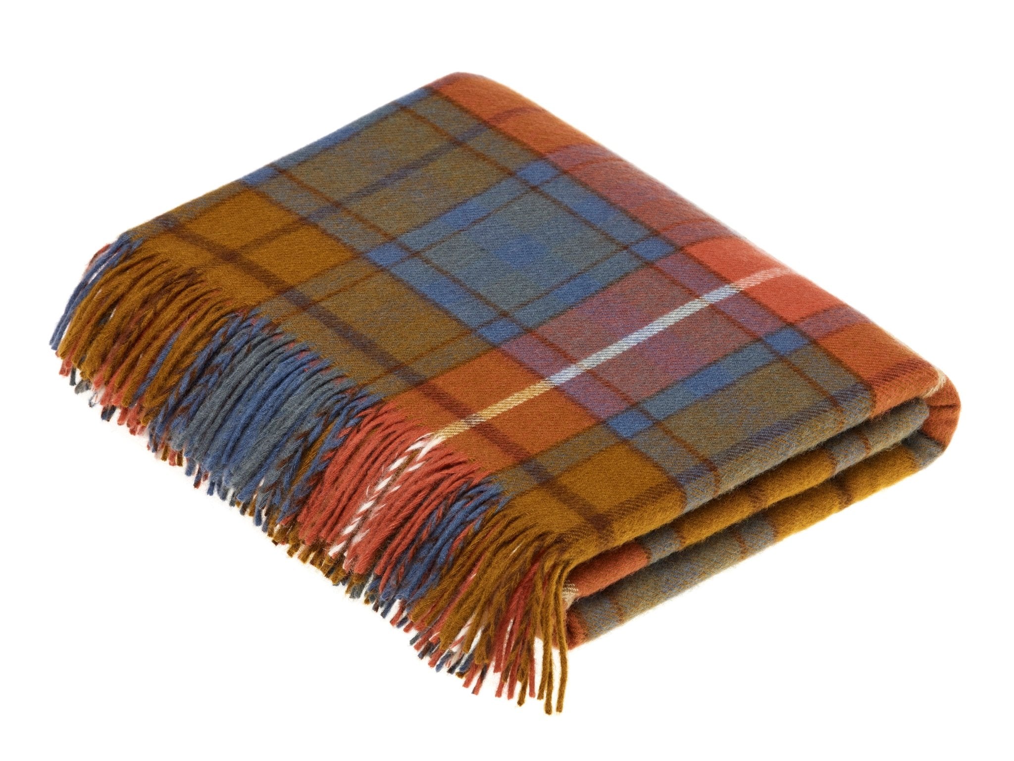 The Campbells of Beauly Antique Buchanan Tartan Lambswool Blanket features a folded, fringed design in a brown, blue, orange, red, and yellow plaid pattern. Crafted in Yorkshire and shown on a white background.
