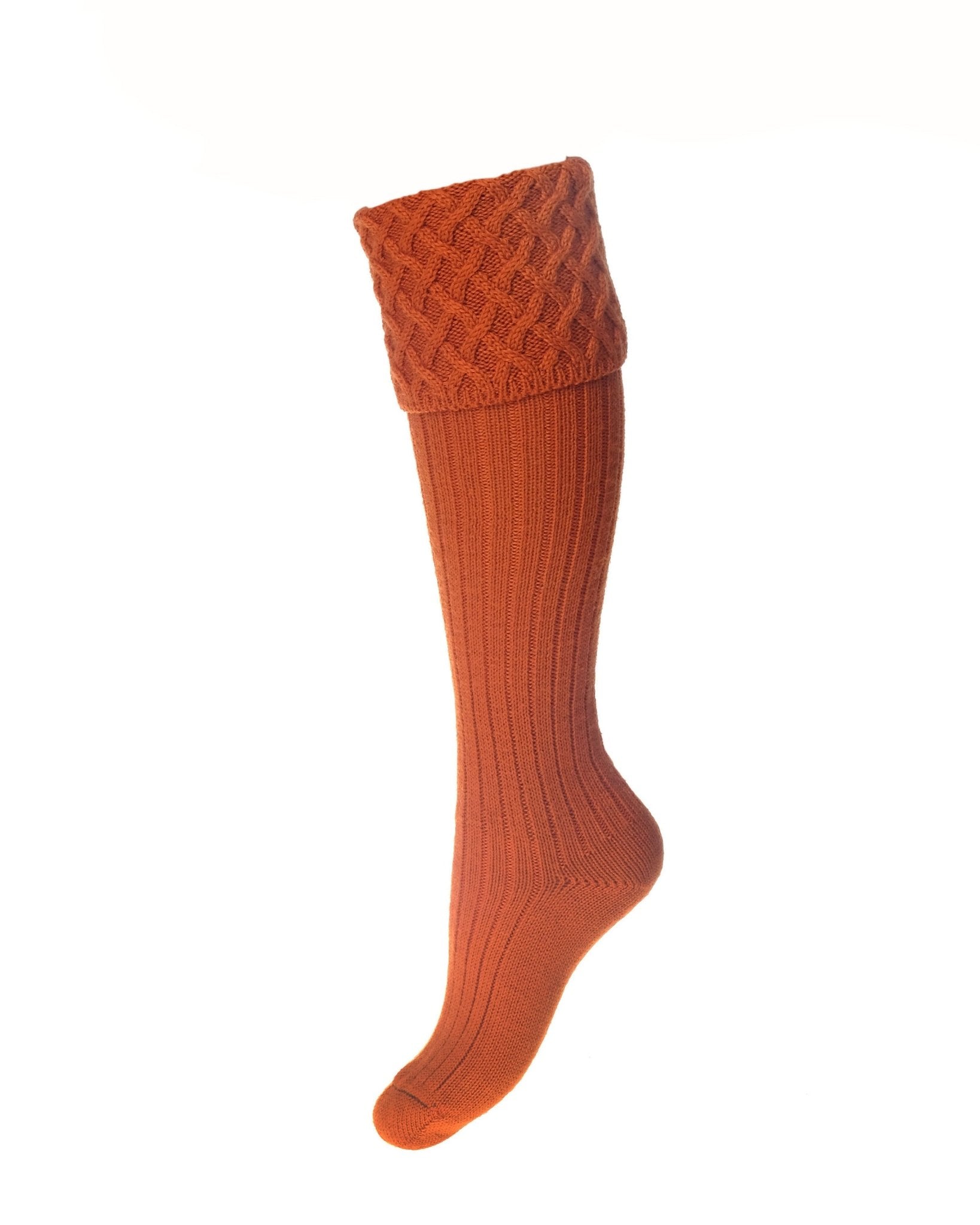 A single orange Rannoch Merino Shooting Sock by Campbells of Beauly, knee-high with a ribbed pattern and folded cuff, is shown on a white background.