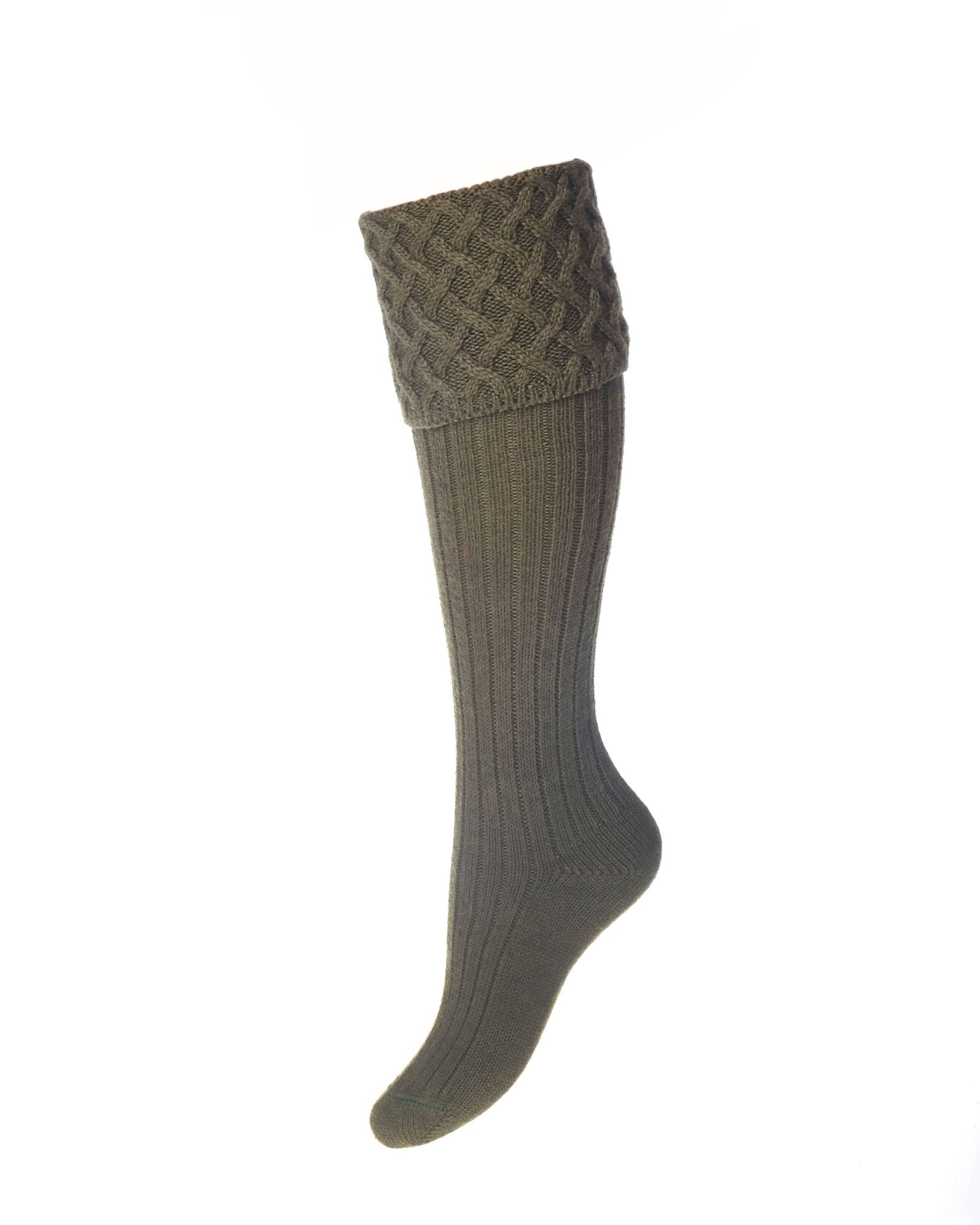 The Rannoch Merino Shooting Sock by Campbells of Beauly is a single knee-high sock in dark olive, featuring ribbed texture and a wide braided cuff, crafted from soft merino wool and displayed on a white background.
