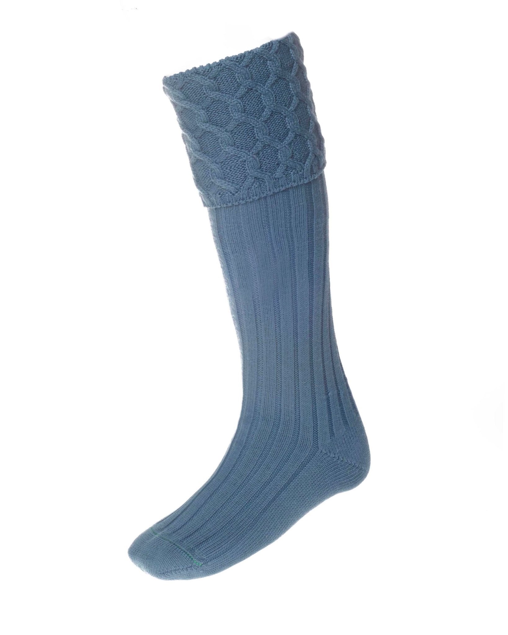 Campbells of Beauly Kilt Socks in Ancient Blue: a knee-high sock with a honeycomb-patterned cuff and vertical ribbing, crafted from a soft merino/acrylic blend—ideal for Highland dress. Shown on a white background.