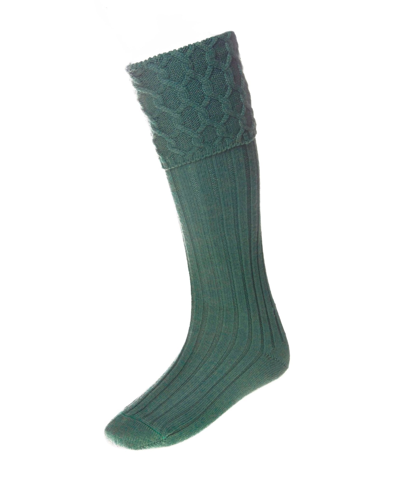A single Ancient Green knee-high Kilt Sock by Campbell’s of Beauly, featuring a ribbed leg and cable-knit top cuff in a merino/acrylic blend, shown on a white background. Ideal for Highland dress.