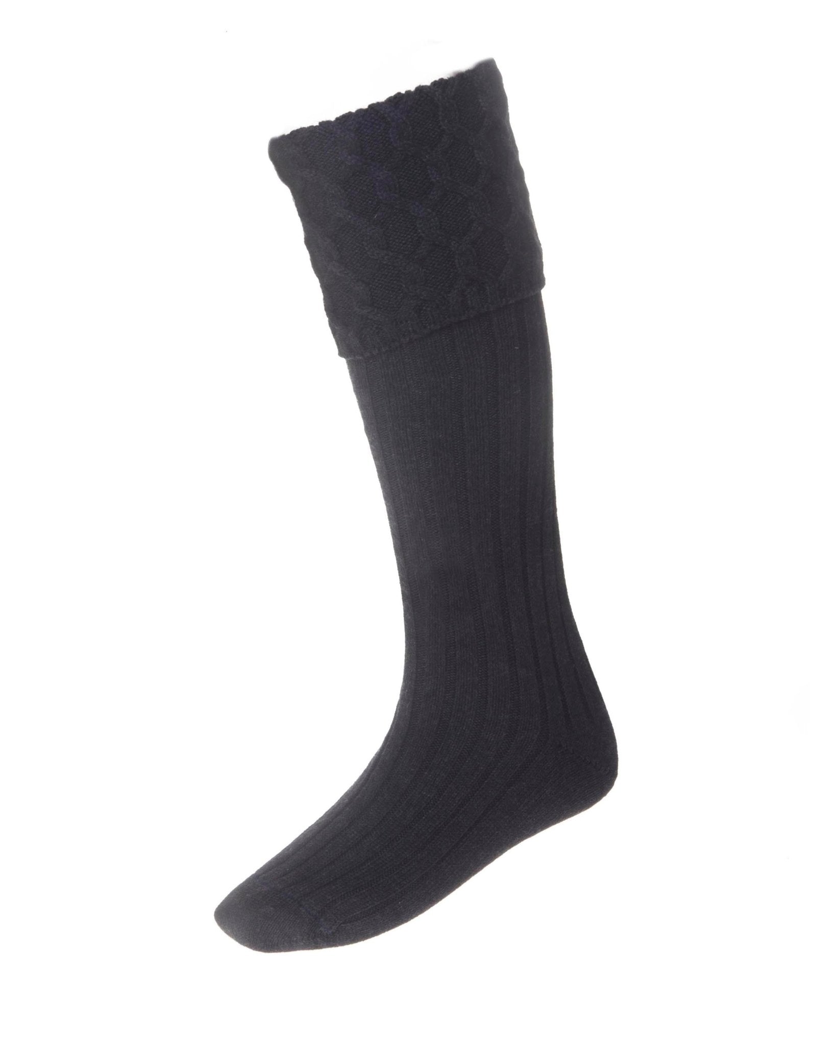 Campbells of Beauly Kilt Socks in charcoal feature a ribbed leg and patterned cuff, crafted from a soft merino/acrylic blend—ideal for traditional Highland dress. Displayed on a white background.