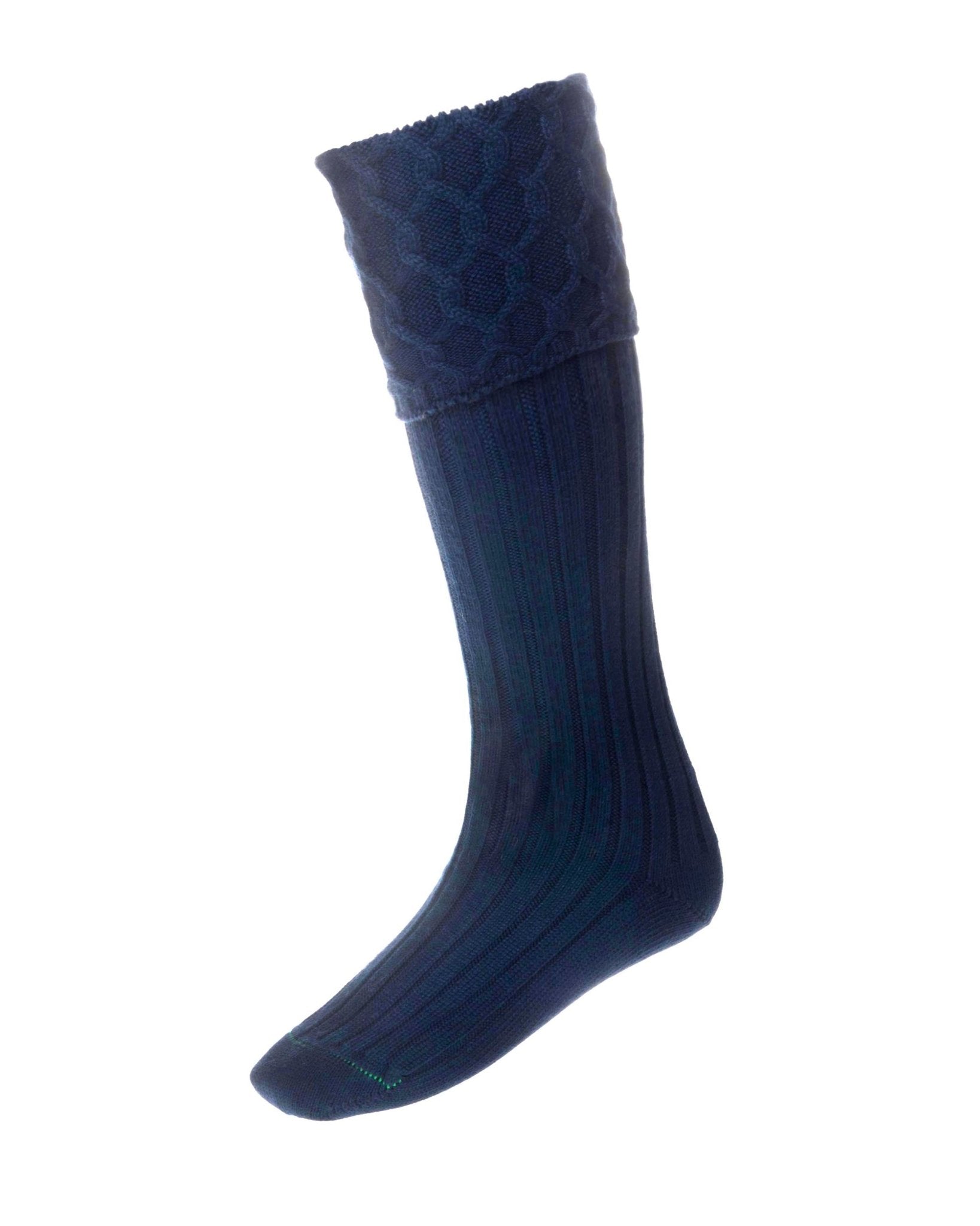 The Campbells of Beauly Kilt Socks in New Navy are knee-high and feature a ribbed texture with a honeycomb pattern at the top, made from a soft merino/acrylic blend, shown on a plain white background.
