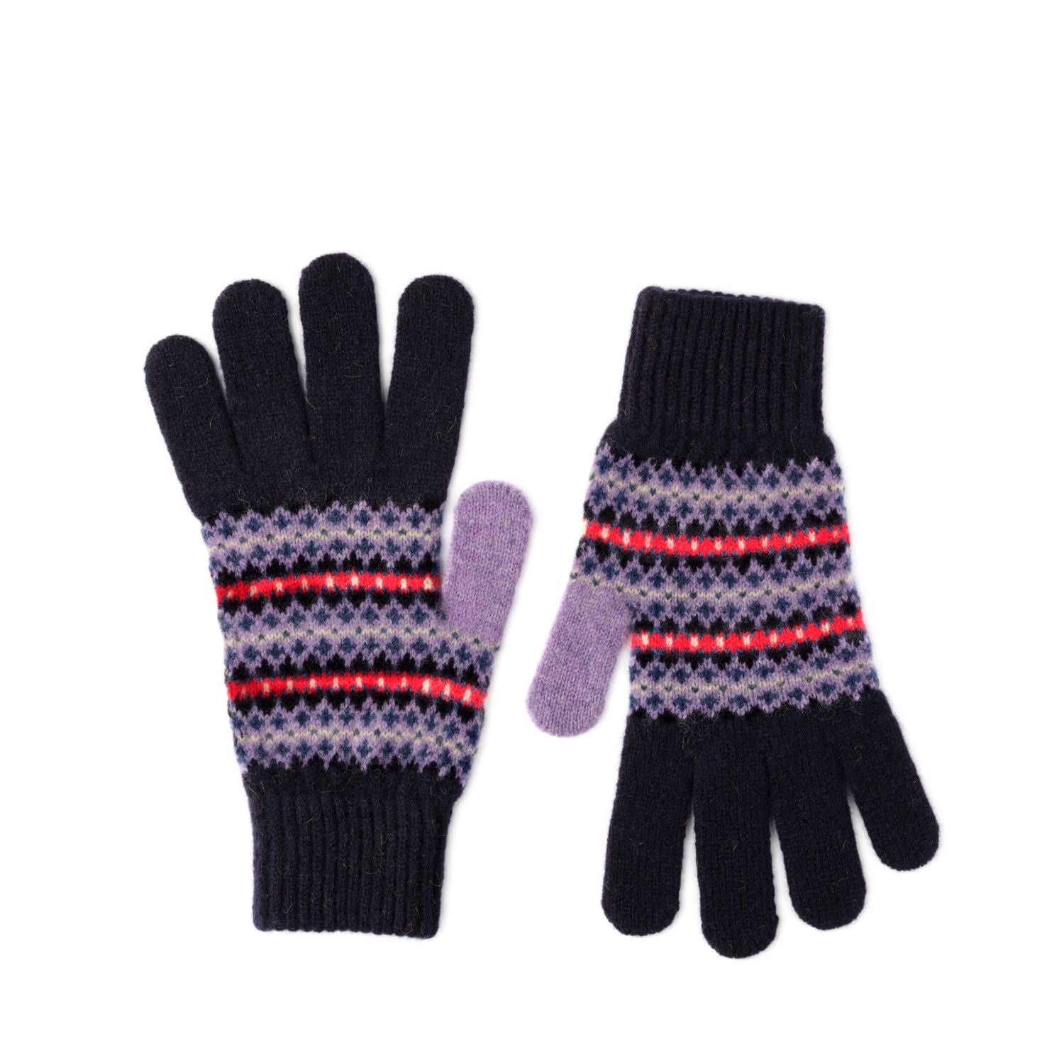 Campbells of Beauly Fairisle Gloves in navy showcase a classic Fairisle diamond pattern with purple, grey, and red accents and solid purple thumbs, all elegantly displayed on a white background.