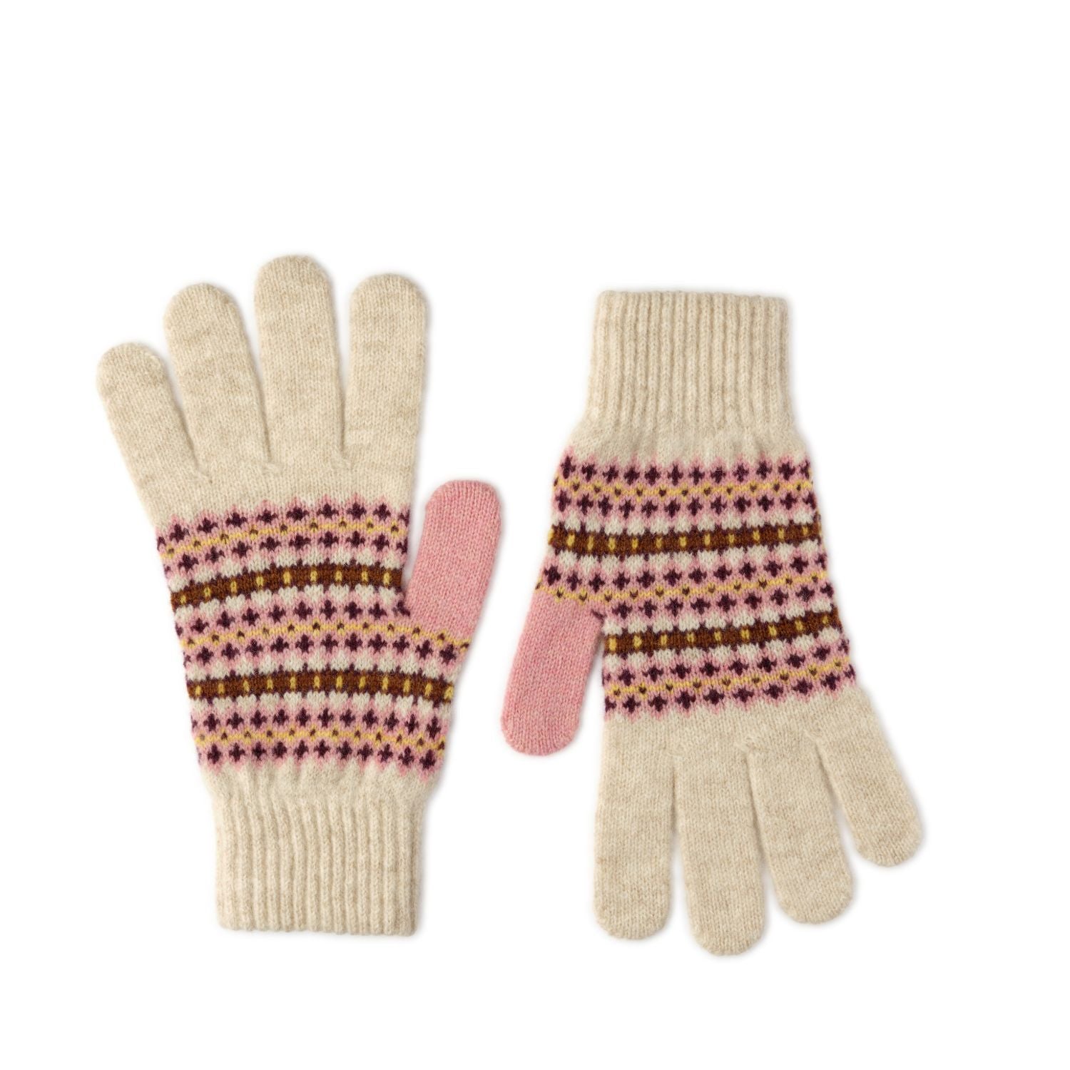 Campbells of Beauly Fairisle Gloves in light cream, featuring small brown and pink patterns, cream-colored fingers, and a distinctive pink thumb—knitted lambswool gloves displayed flat on a white background.