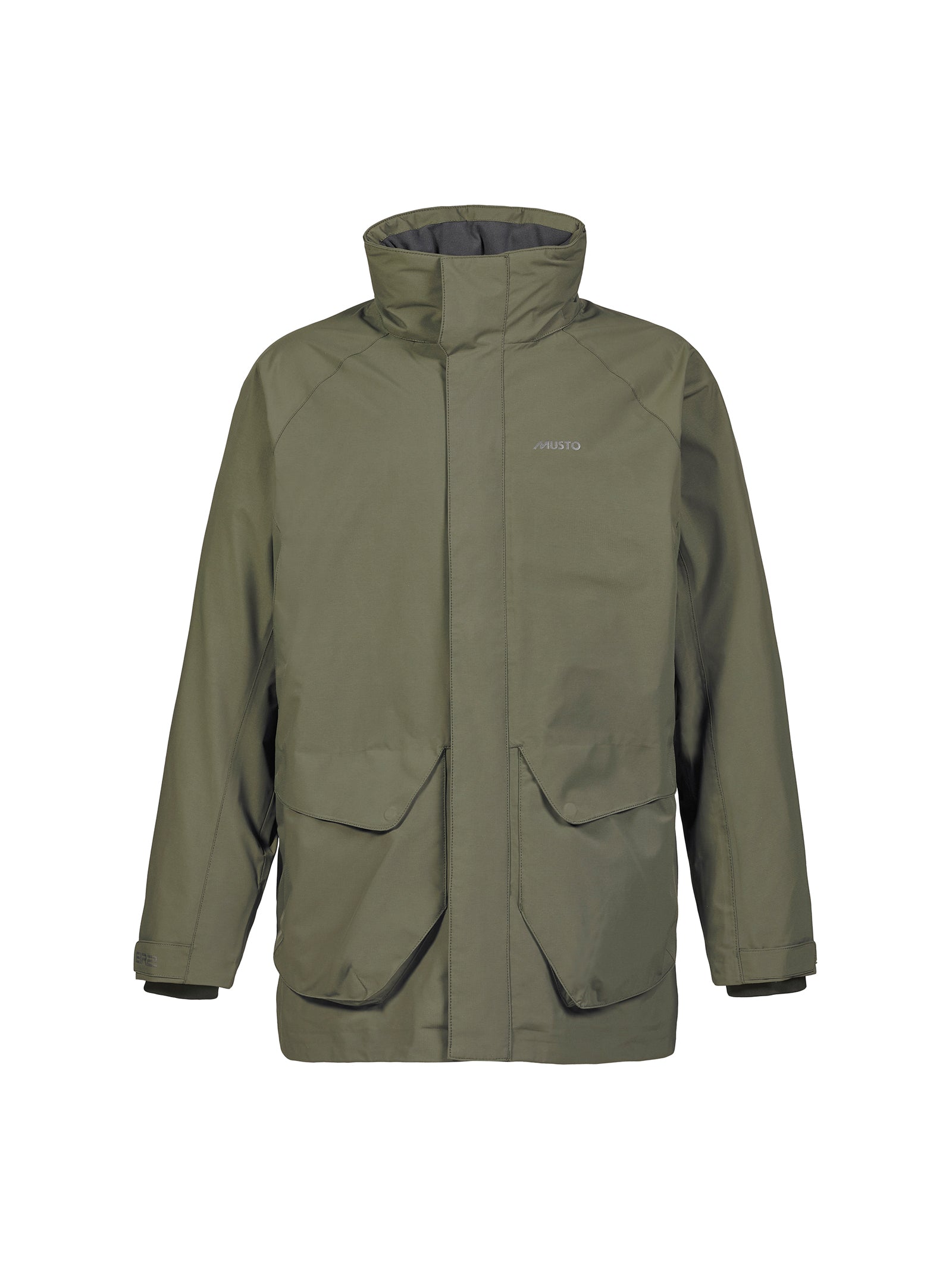 The Musto Fenland Jacket 2.0 is an olive green waterproof outer layer with a high collar, long sleeves, two large front flap pockets, front zipper and storm flap closure, plus an embroidered brand logo on the chest. Packable and simply designed.