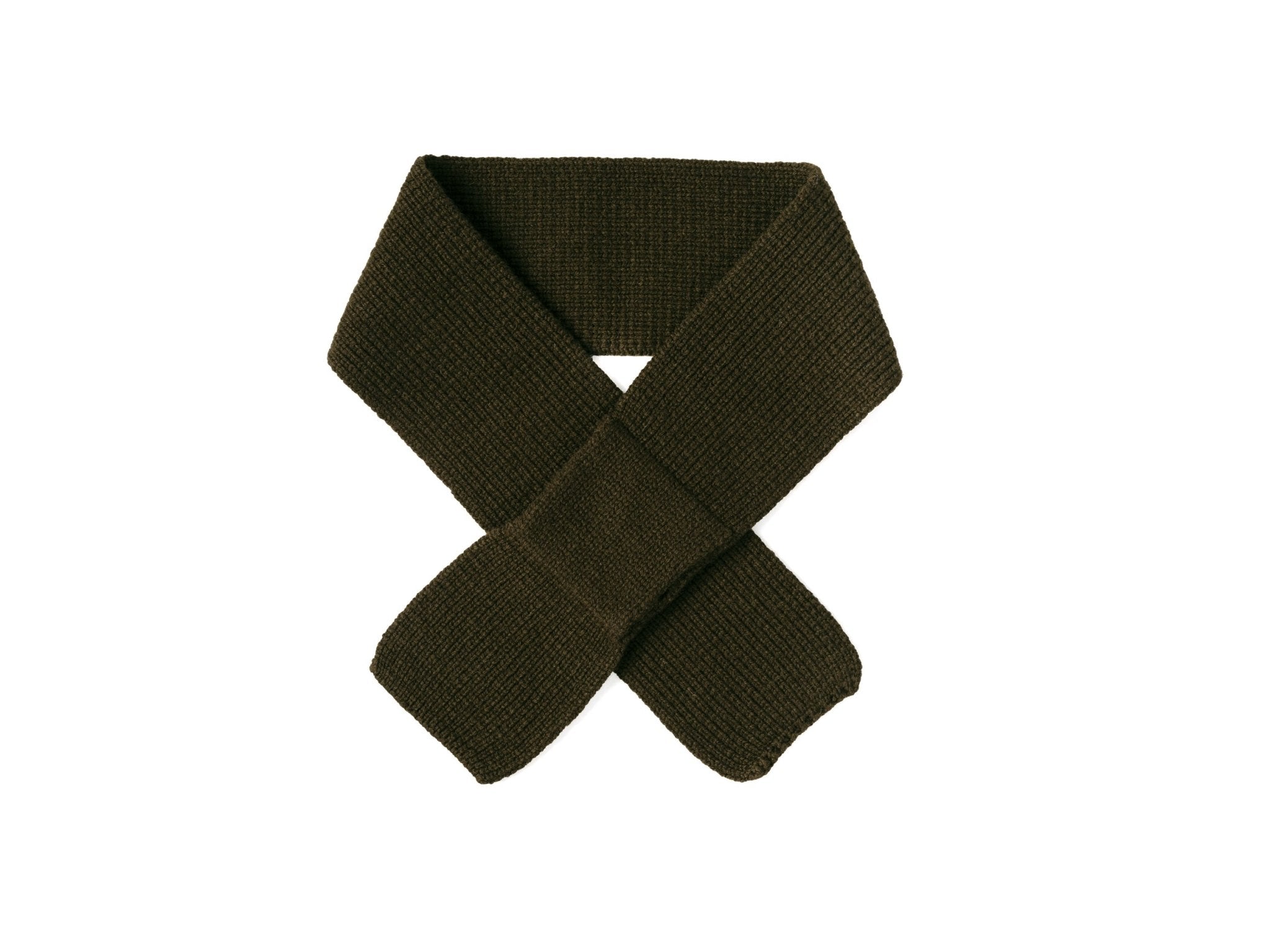 A Cashmere Neck Tie by Campbells of Beauly, beautifully crafted in dark olive green, is laid flat and crossed over itself on a white background.
