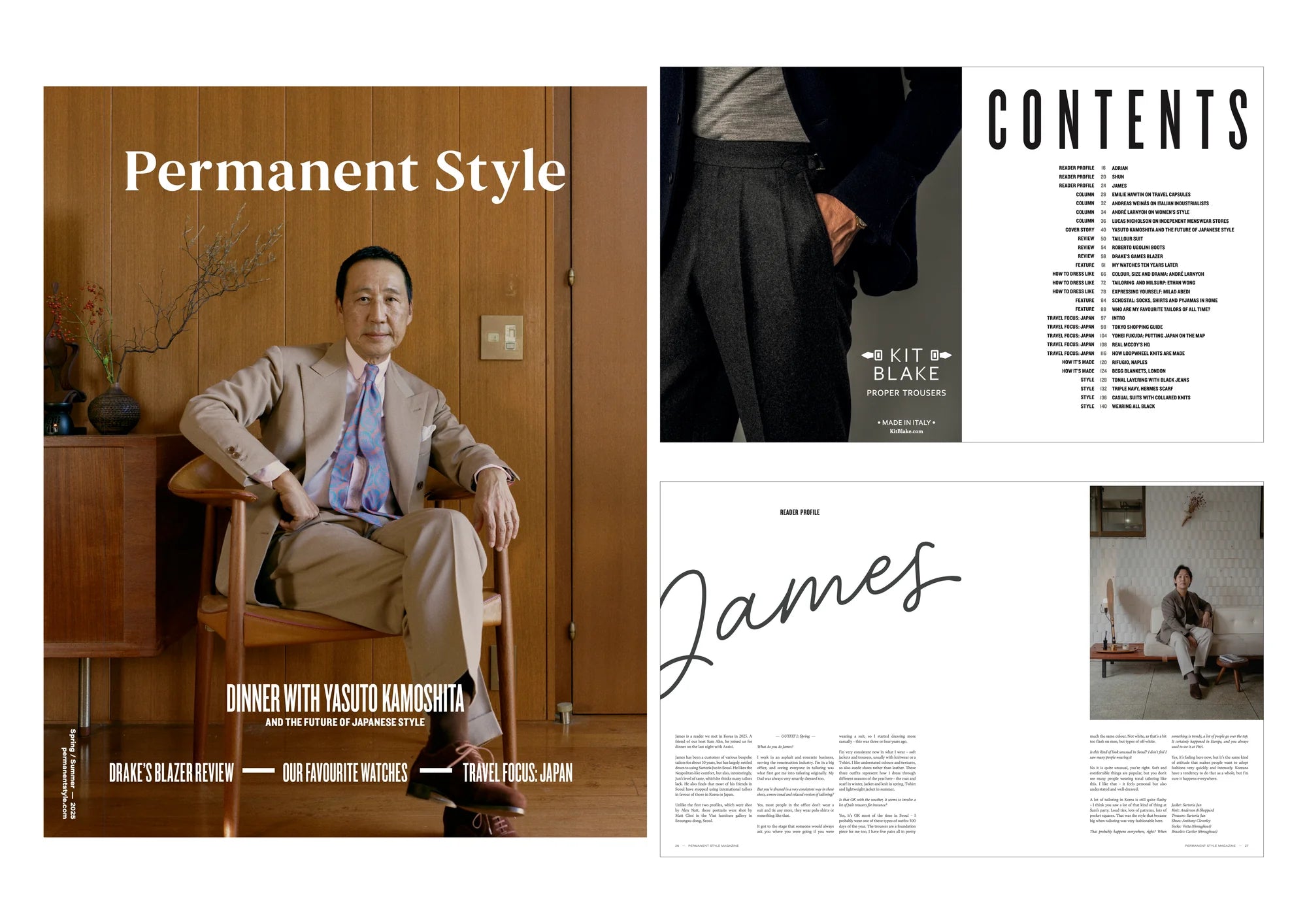 The cover of Permanent Style Magazine by Permanent Style shows Yasuto Kamoshita in a stylish room, the title above. Insets include Spring/Summer 2025 contents, a menswear store photo, and an article “James” with a man on a sofa.