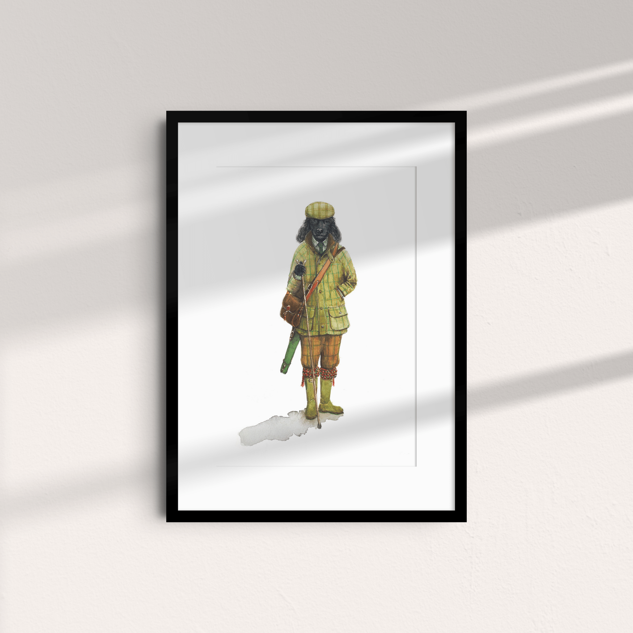 Exclusive Campbell’s of Beauly Plus Fours unframed print: Sophie Murray’s illustration of a person in yellow and brown outdoor clothing, holding a green object with their dog.