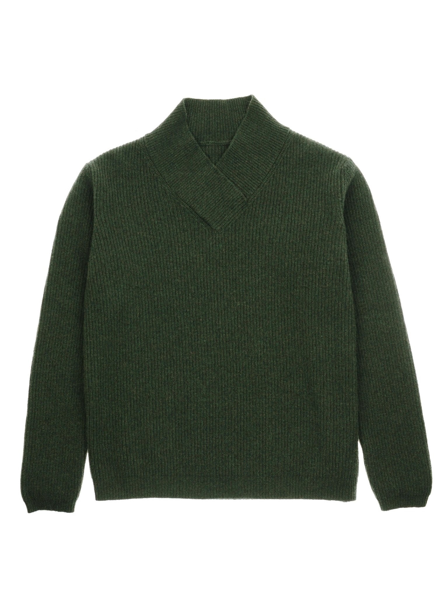 The Campbell’s of Beauly Rib V-Neck Jumper, a dark green merino wool knit sweater with long sleeves and a distinctive overlapping ribbed V neckline collar, is displayed laid flat on a white background.