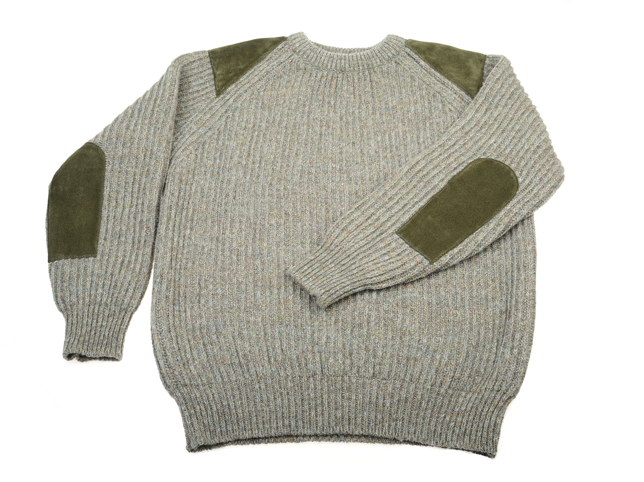 The Campbells of Beauly Scotia Suede Jumper in pale green, a wool knit sweater with ribbed cuffs and hem, features olive suede shoulder and elbow patches and is shown laid flat on a white background.