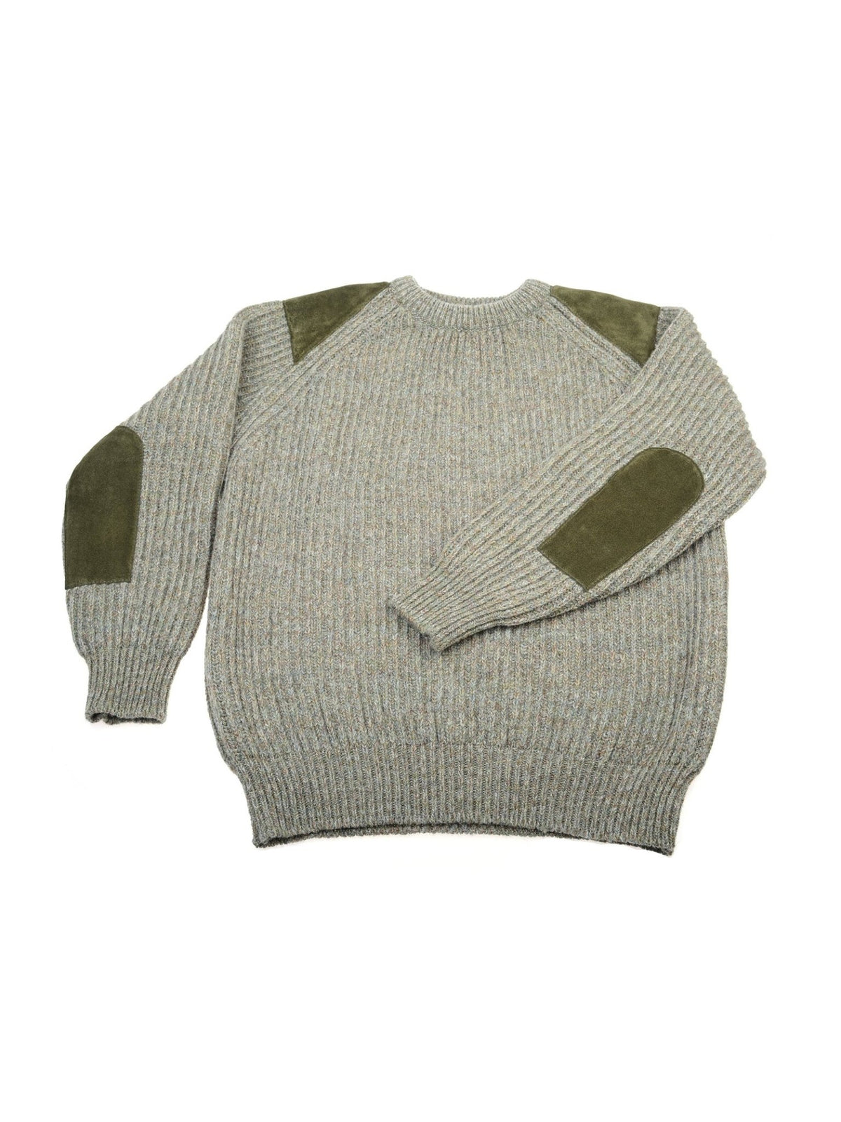 The Campbell’s of Beauly Scotia Suede Jumper—a gray wool knit sweater with a ribbed texture and olive green suede patches on the shoulders and elbows—is shown laid flat on a white background, making it the perfect outdoor layer for cooler days.