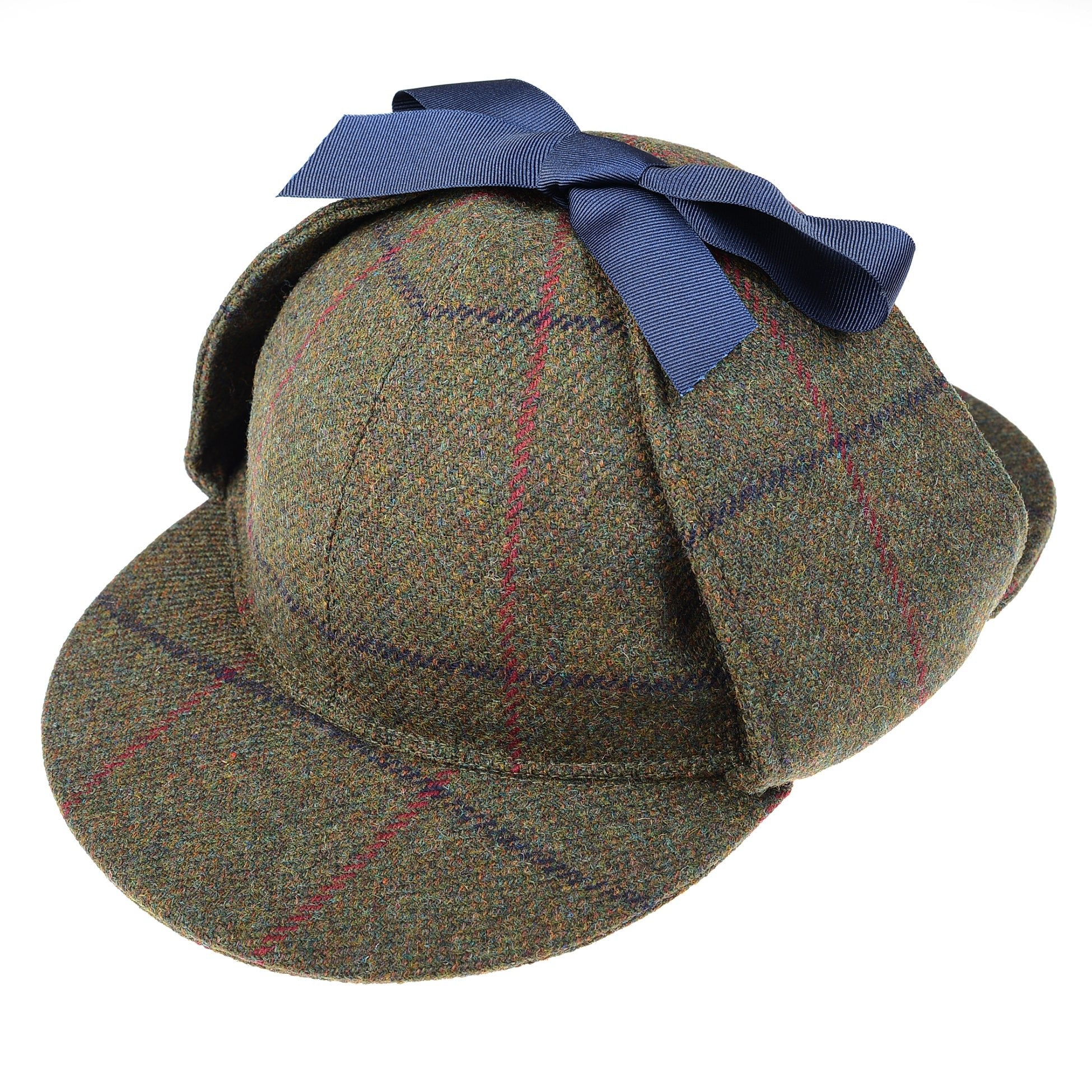 The Campbells of Beauly Sherlock Holmes Hat features earflaps, a short front brim, a blue ribbon bow, and a green, brown, and red plaid tweed pattern for classic detective style.
