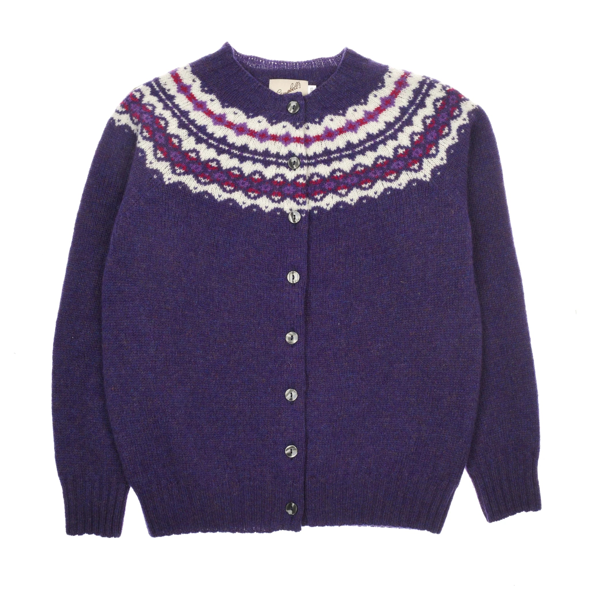 The Auld Stock Shetland Fairisle Cardigan by Campbell's of Beauly is a purple Pure New Wool piece with long sleeves, front buttons, and a round neck. The yoke showcases a white, red, and purple Fair Isle knit inspired by Scottish tradition.