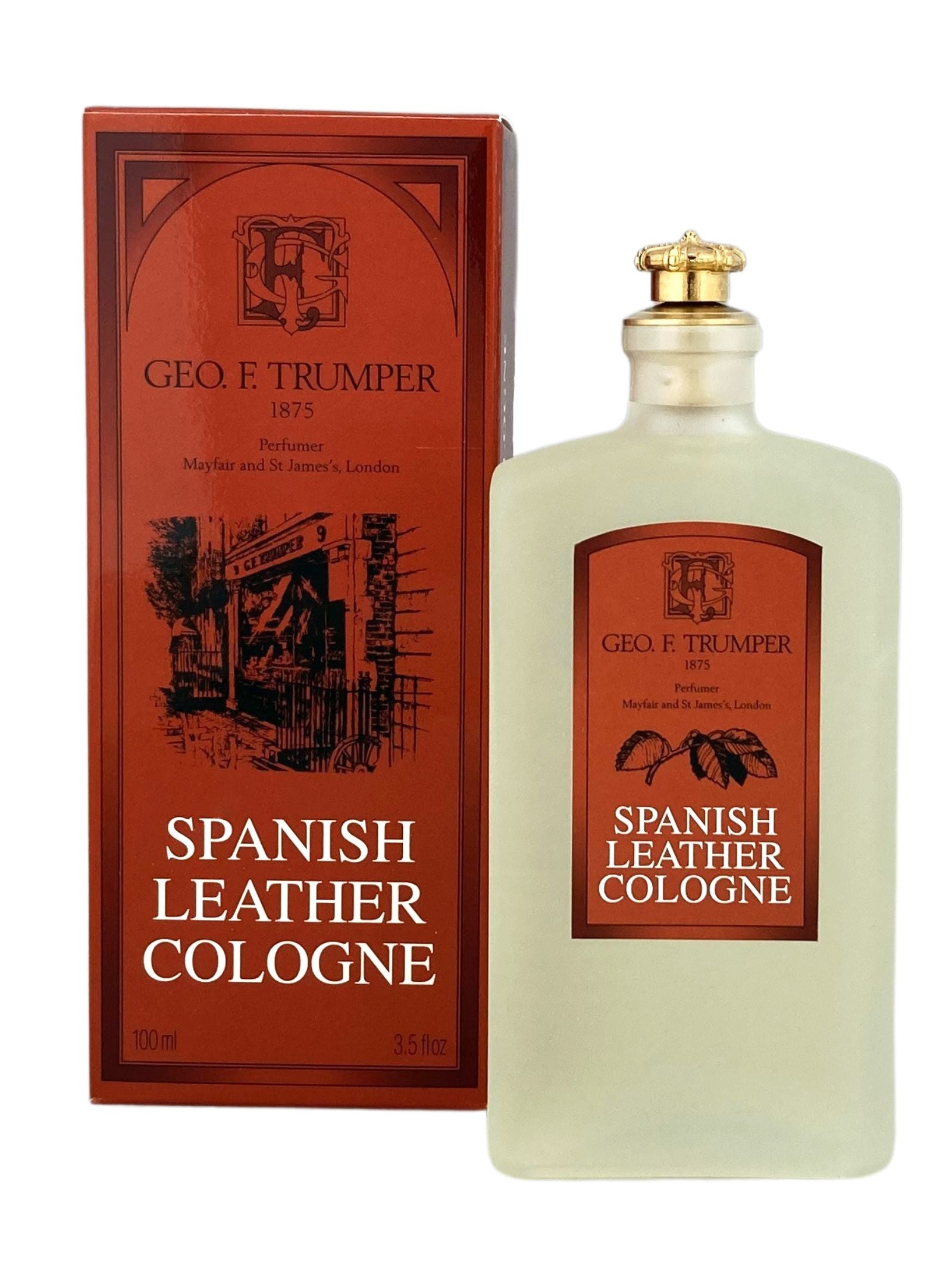 A frosted glass bottle of Geo. F. Trumper Spanish Leather Cologne with a gold cap and vintage-style box, both featuring red-brown accents that reflect the classic sandalwood warmth of this iconic fragrance.