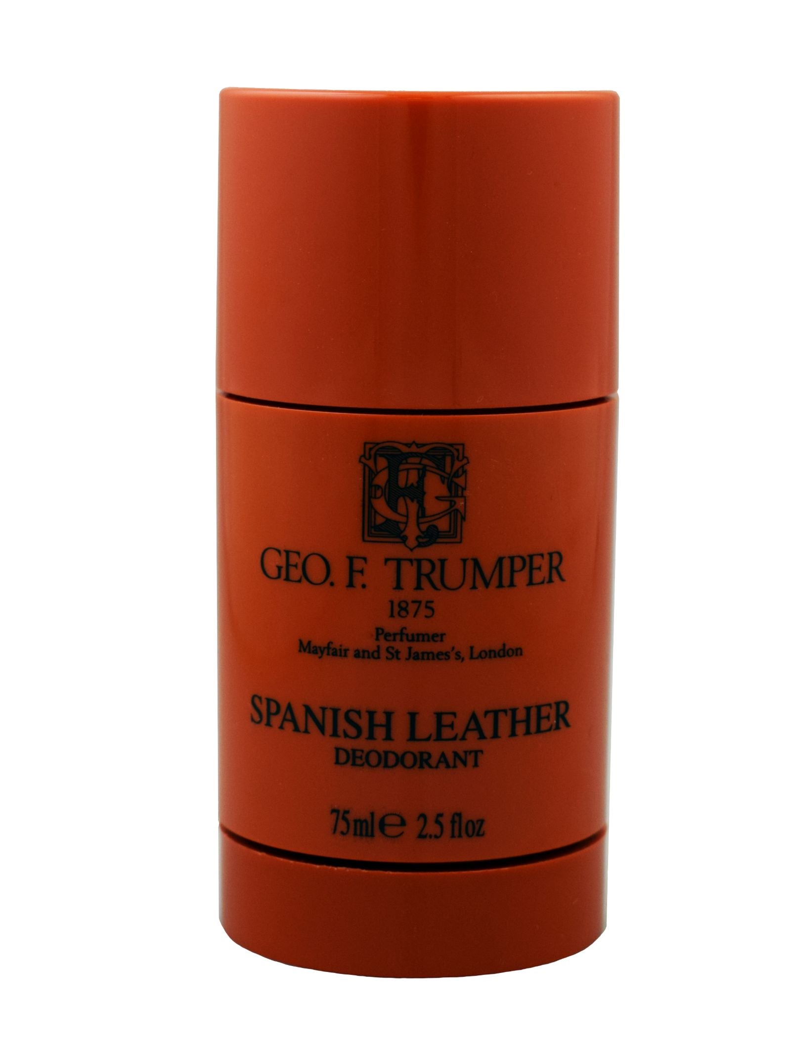 Geo. F. Trumper Spanish Leather Deodorant Stick, 75ml (2.5 fl oz), features an orange cylindrical design with black text and logo, inspired by the iconic Spanish Leather Cologne and made for sensitive skin.