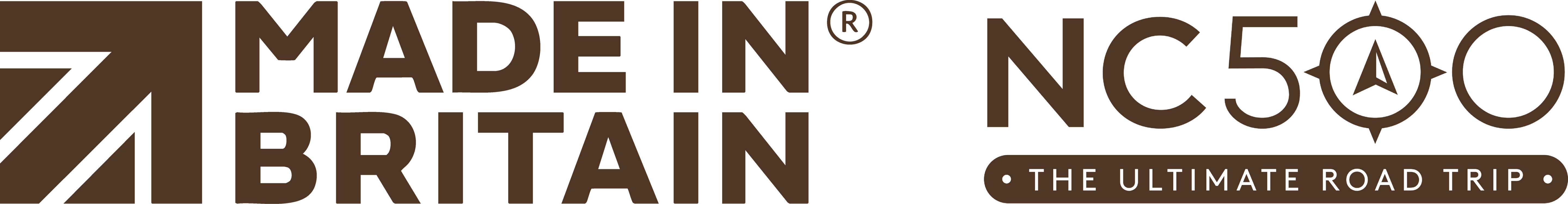 Logo featuring a stylized arrow, the text MADE IN BRITAIN, and NC500 THE ULTIMATE ROAD TRIP with a compass design inside the O of NC500.