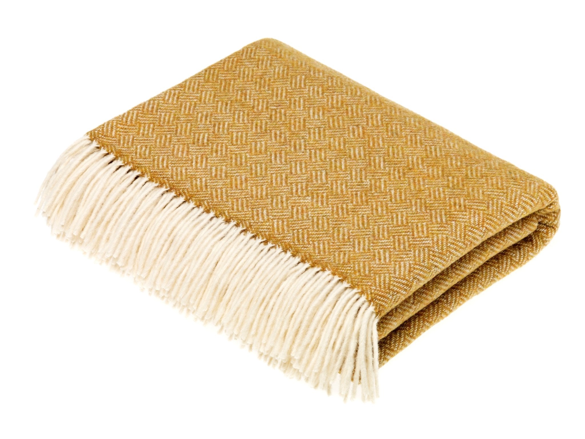 The Parquet Lambswool Blanket by Campbells of Beauly features a gold hue, subtle parquet weave, and long white fringe along one edge, shown folded on a white background.