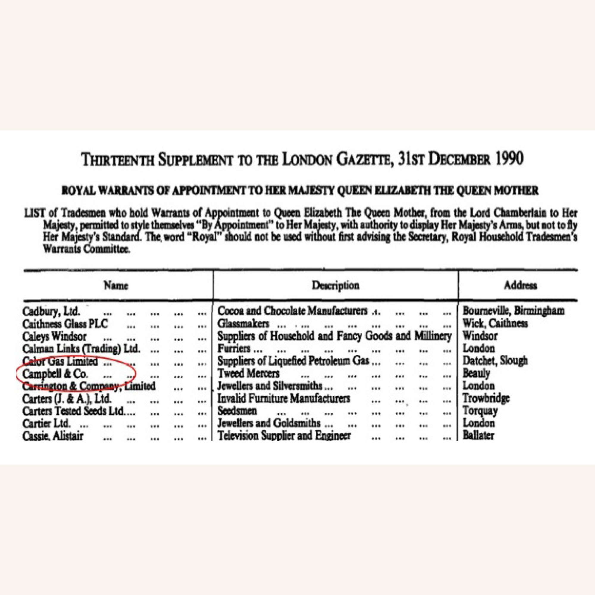 A table listing companies and individuals, such as Campbells of Beauly, granted Royal Warrants of Appointment to Queen Elizabeth The Queen Mother, published in the London Gazette on 31 December 1990. Some entries are highlighted in red.