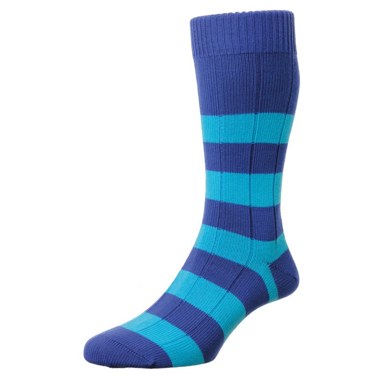 The Campbells of Beauly Stripe Socks in Royal Stripe feature horizontal blue and teal rugby stripes, a ribbed cuff, and reinforced heel and toe. Shown as a single cotton sock on a white background.