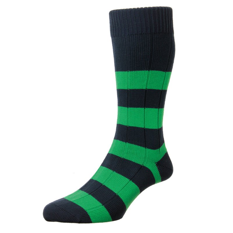The Campbells of Beauly Stripe Socks feature a single cotton sock in Navy Stripe with bold alternating stripes, a ribbed cuff, and reinforced heel and toe.
