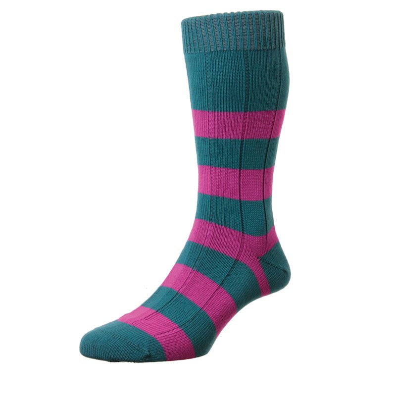 The Stripe Socks by Campbells of Beauly stand upright on a white background in the Petrol Stripe color, featuring bold rugby stripes and reinforced heel and toe for extra durability.