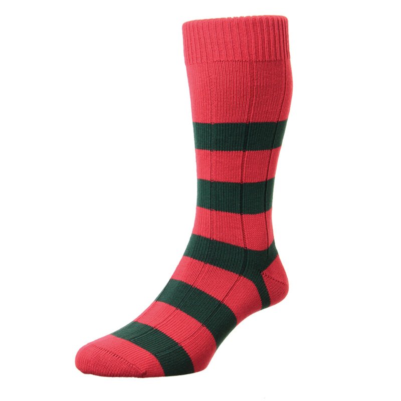 Campbells of Beauly Stripe Socks in Red Stripe: a single knee-high cotton sock with wide horizontal stripes, ribbed cuff, and reinforced heel and toe for durability.