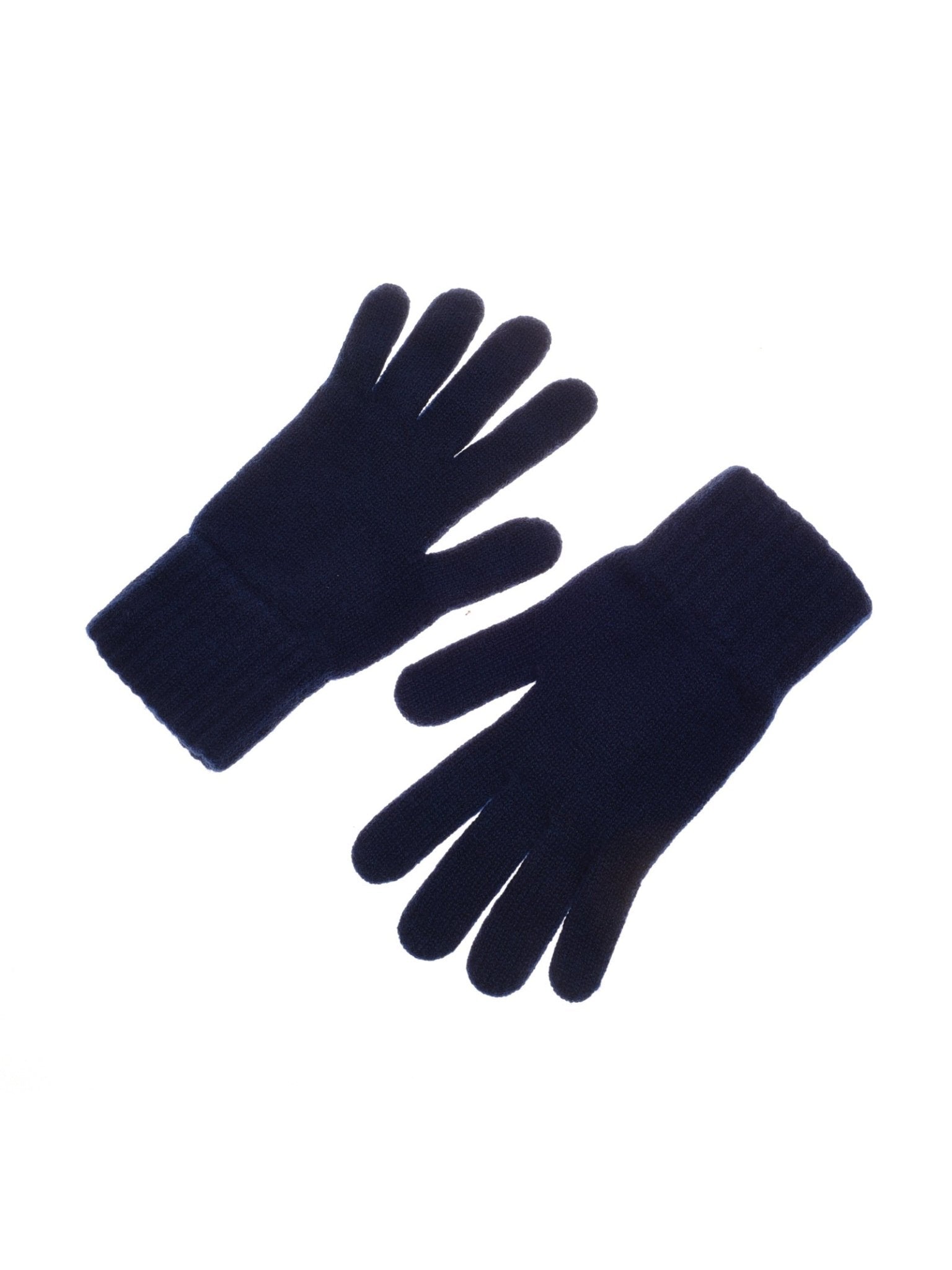 Campbell's of Beauly Cashmere Gloves in navy, featuring ribbed cuffs. Luxurious Scottish winter accessories, shown laid flat on a white background—perfect for warmth and style this season.