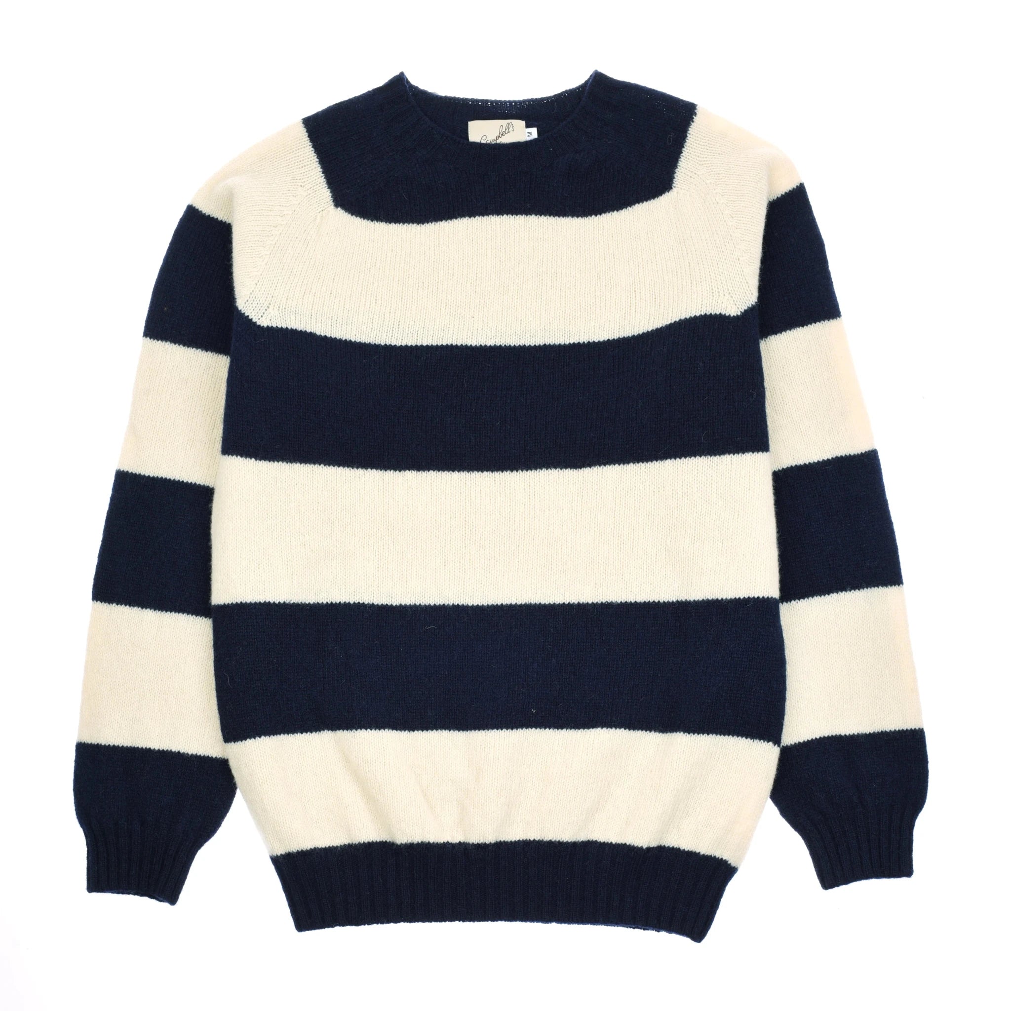 The Auld Stock Shetland Stripe Crew Jumper by Campbell's of Beauly is a navy long-sleeved knit sweater with wide horizontal stripes, a crew neckline, and ribbed cuffs and hem.