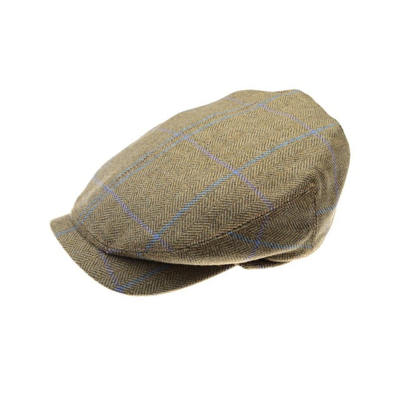 The Affric Cap by Campbells of Beauly in Teviot 953 features classic British tweed with a subtle herringbone and light blue checks, embodying timeless style against a white background.