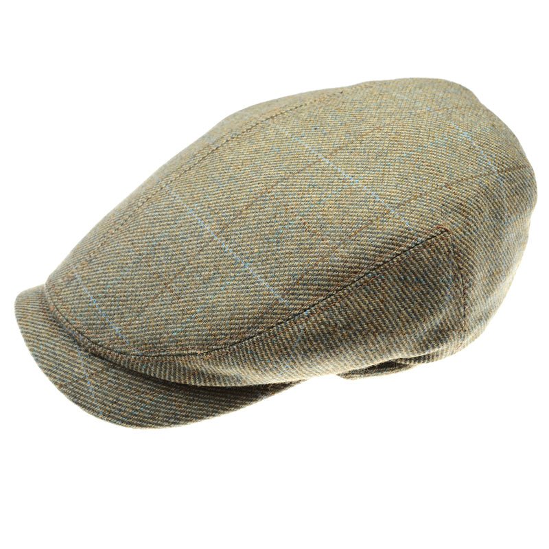 The Campbells of Beauly Affric Cap in Teviot 965 features classic British tweed with subtle blue and beige plaid, showcased on a white background.