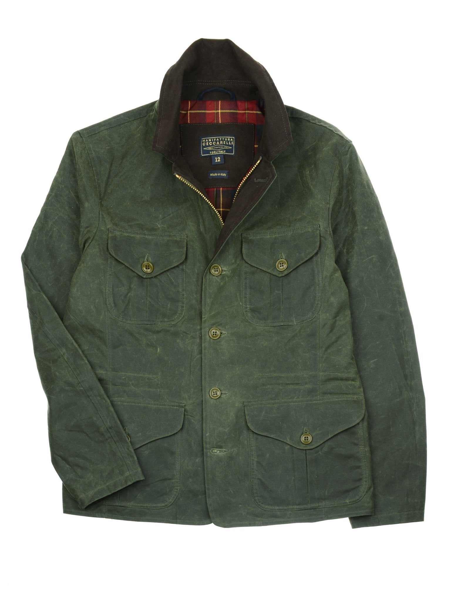 The Campbell's of Beauly Alligator Waxed Jacket is an olive, water-repellent cotton field jacket featuring a corduroy collar, buttoned front, four front pockets, and plaid lining visible at the collar.