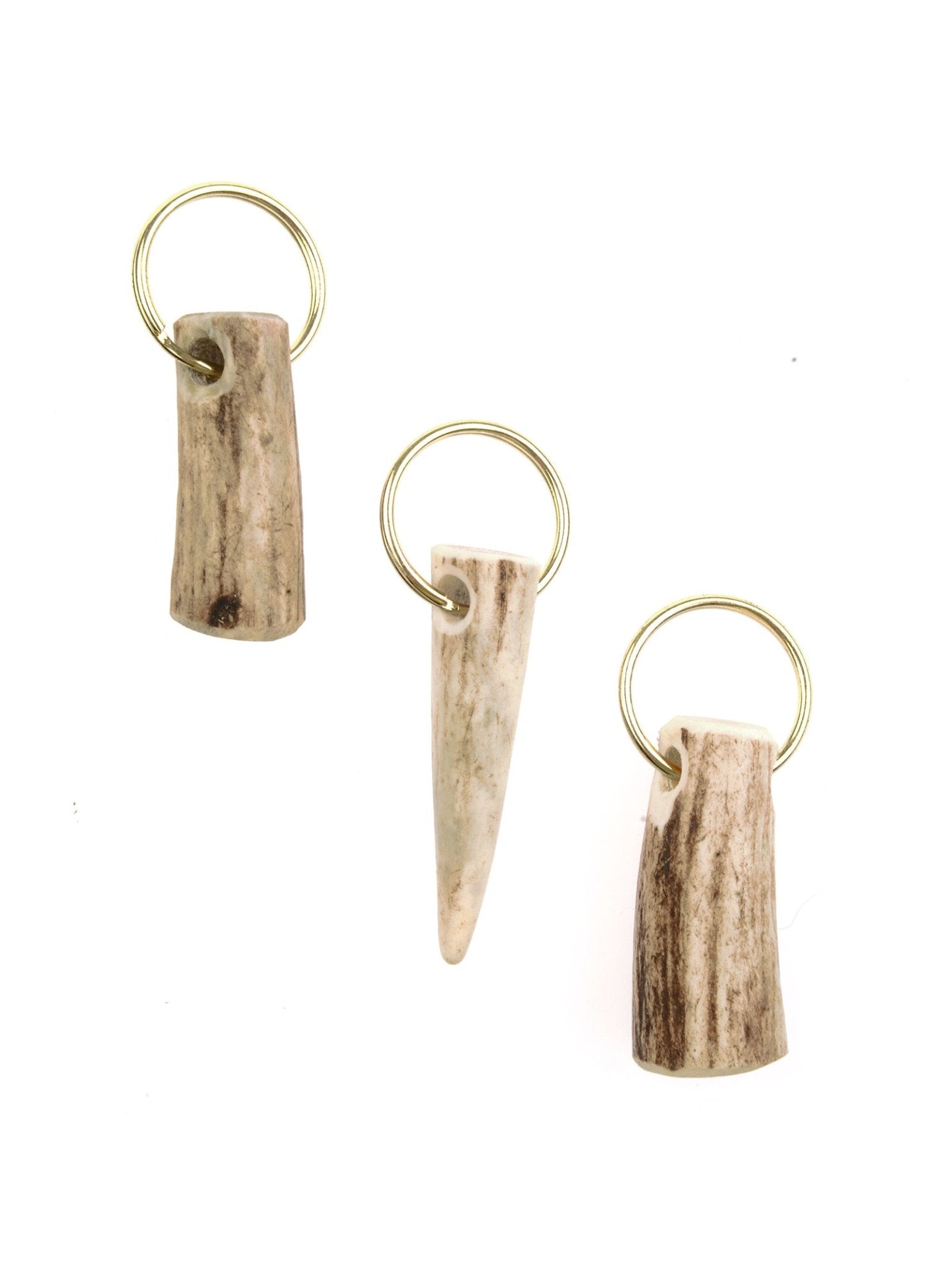 Campbell's of Beauly Antler Keyrings: Set of three handmade keyrings with gold rings, each crafted from natural light brown and white deer antler—one pointed, two rounded. A perfect unique gift for nature lovers.