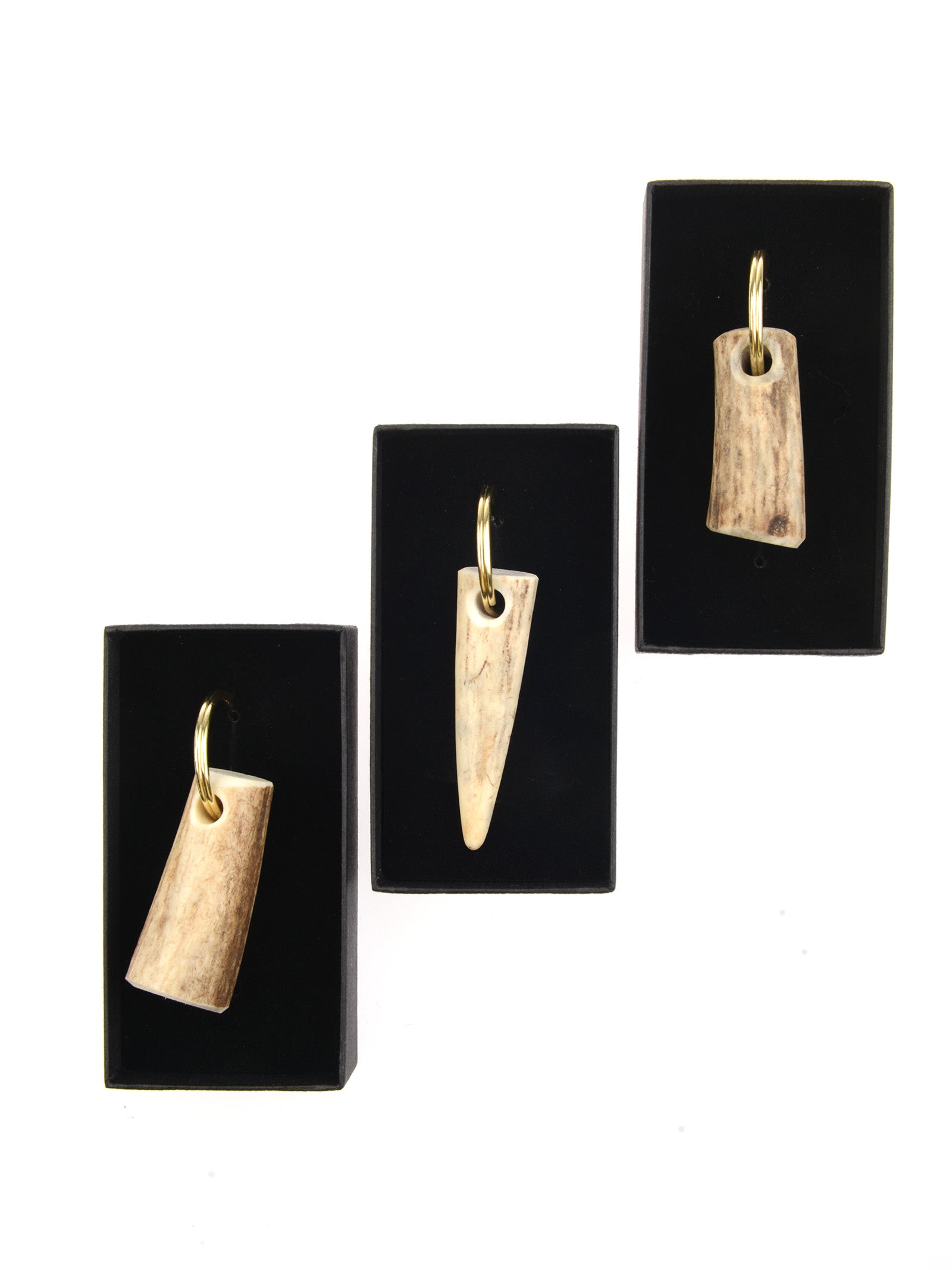 Three ivory-hued tusk-shaped charms with gold rings are displayed in black boxes, making an elegant gift or addition to any Campbell’s of Beauly Antler Keyring.