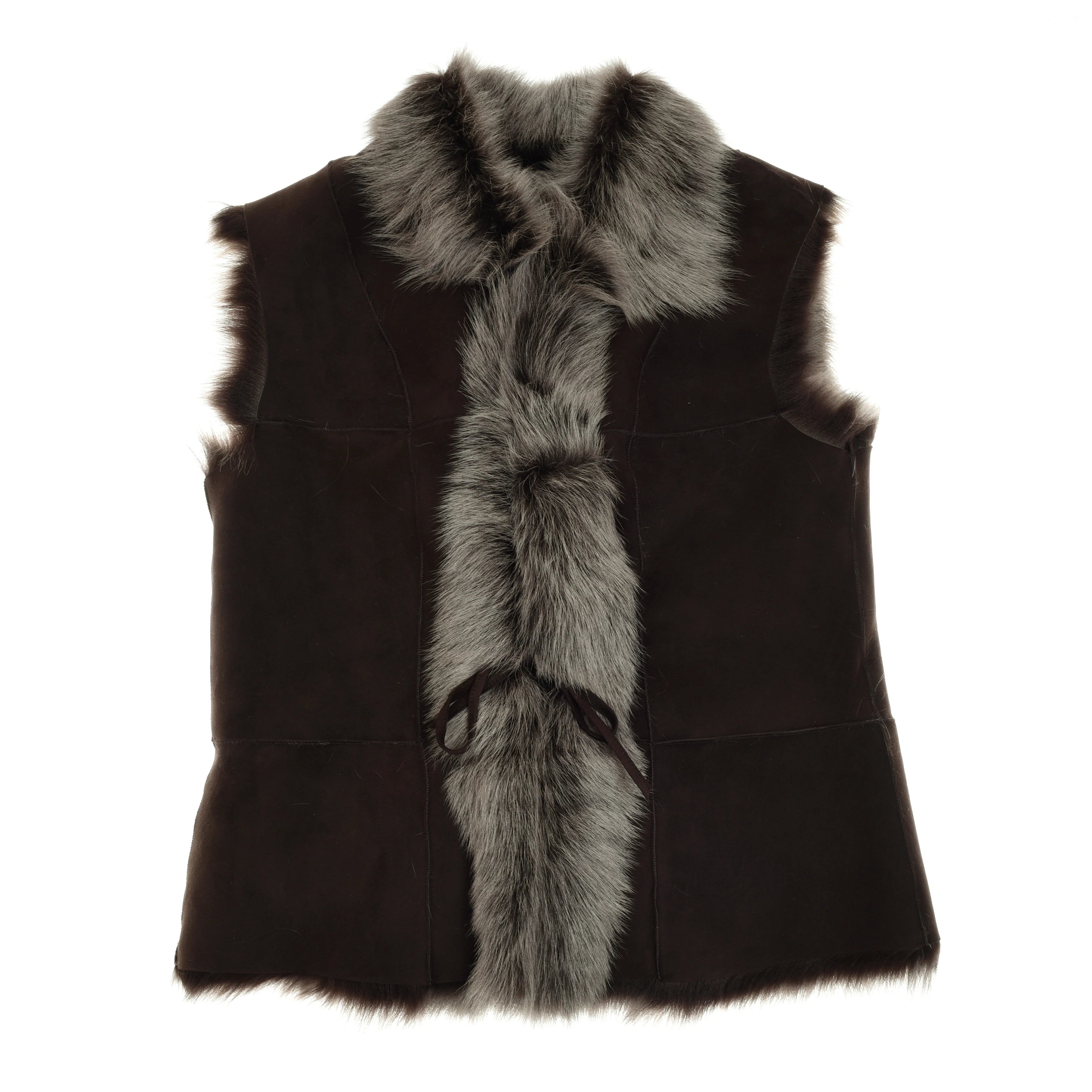 The Campbells of Beauly Sheepskin Reversible Gilet in chocolate features a sleeveless suede design with a thick, fluffy gray Toscana Fleece collar and front trim, shown on a white background.