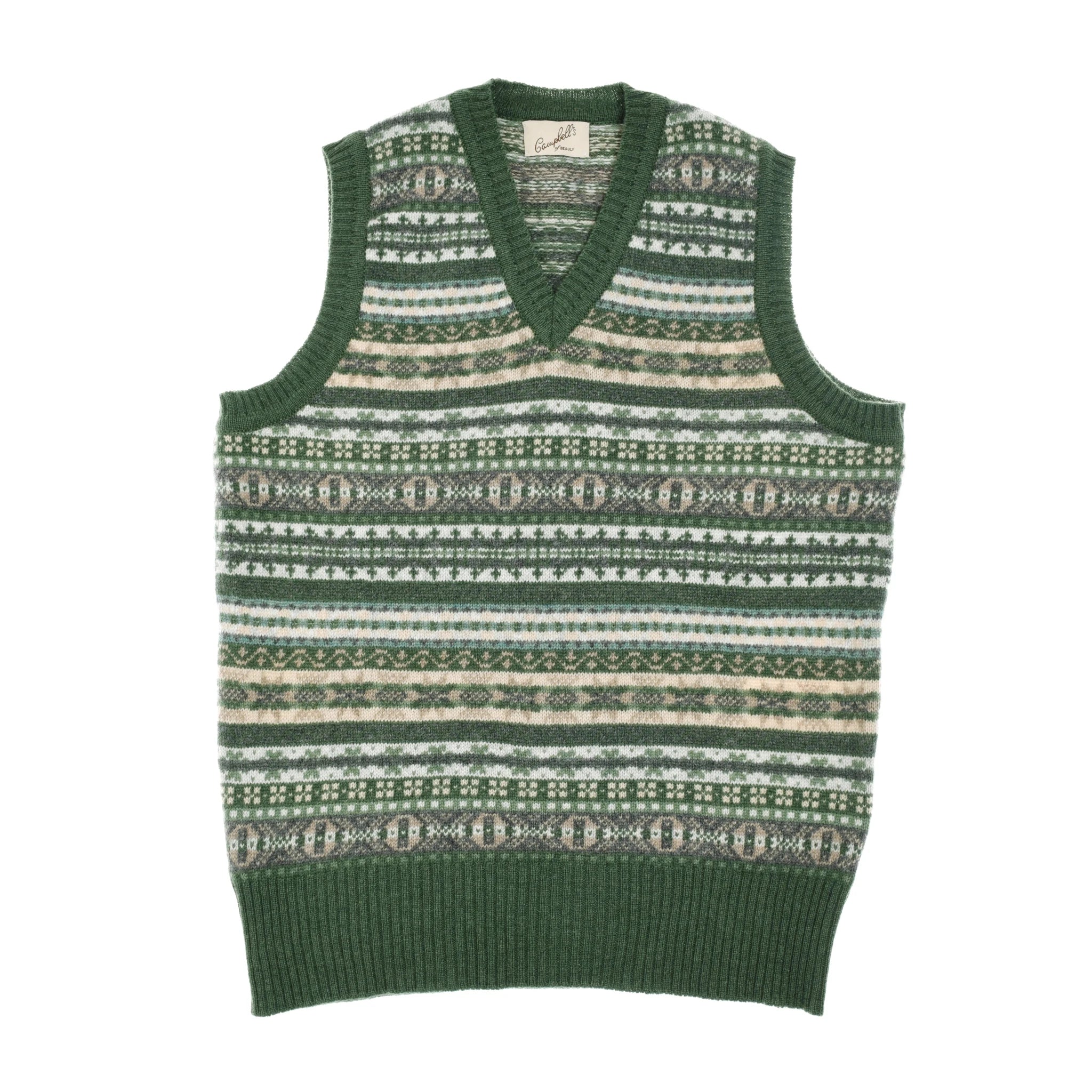 The Auld Stock Cashmere V-Neck Fairisle Slipover by Campbell's of Beauly is a sleeveless knit vest in soft Scottish cashmere, featuring green, beige, and white Fairisle patterns with ribbed edges.