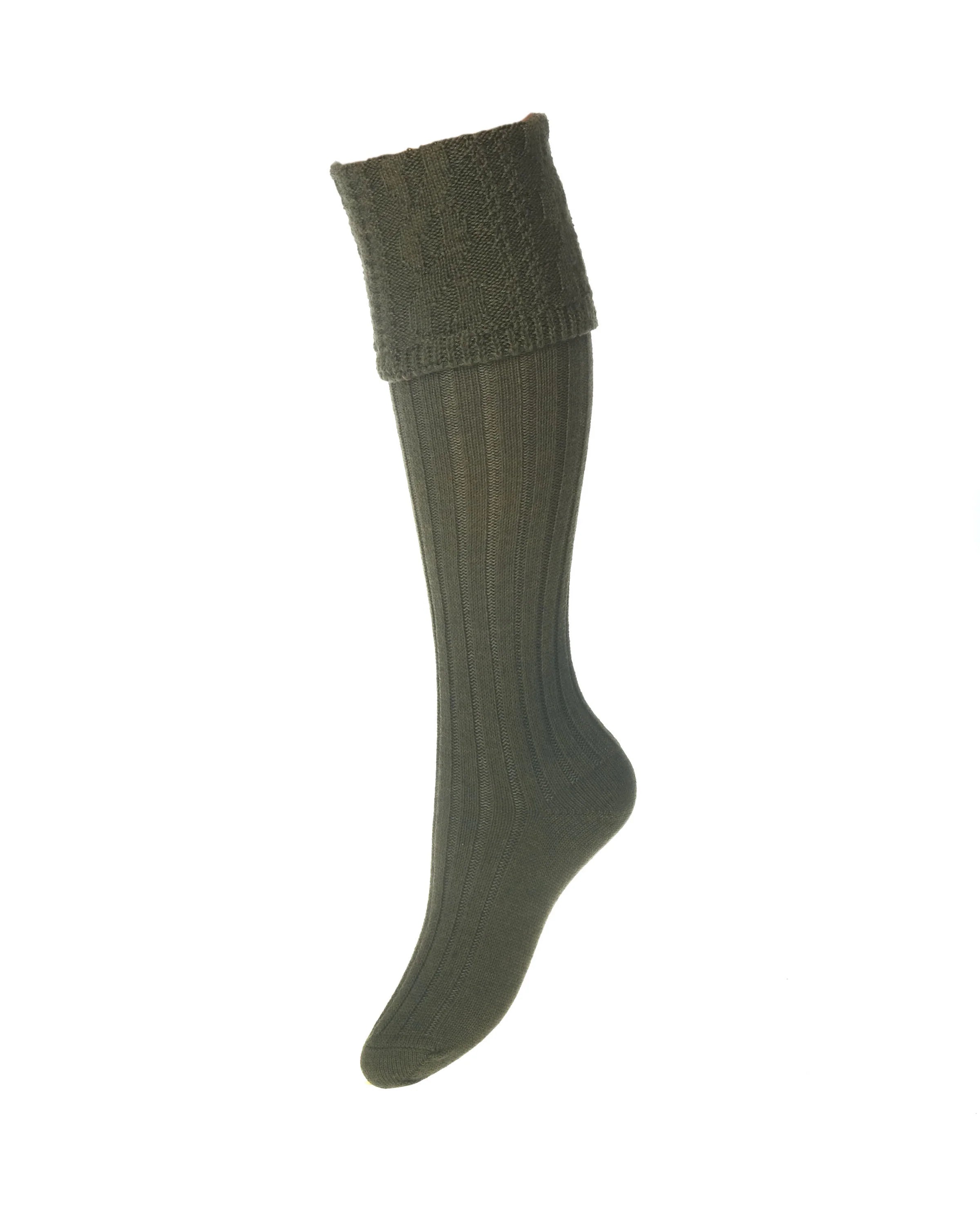 The Campbells of Beauly Merino Glenmore Shooting Sock is a dark green, knee-high sock with a ribbed texture and folded cuff, crafted from soft merino wool with a reinforced foot for warmth and comfort. Displayed on a plain white background.