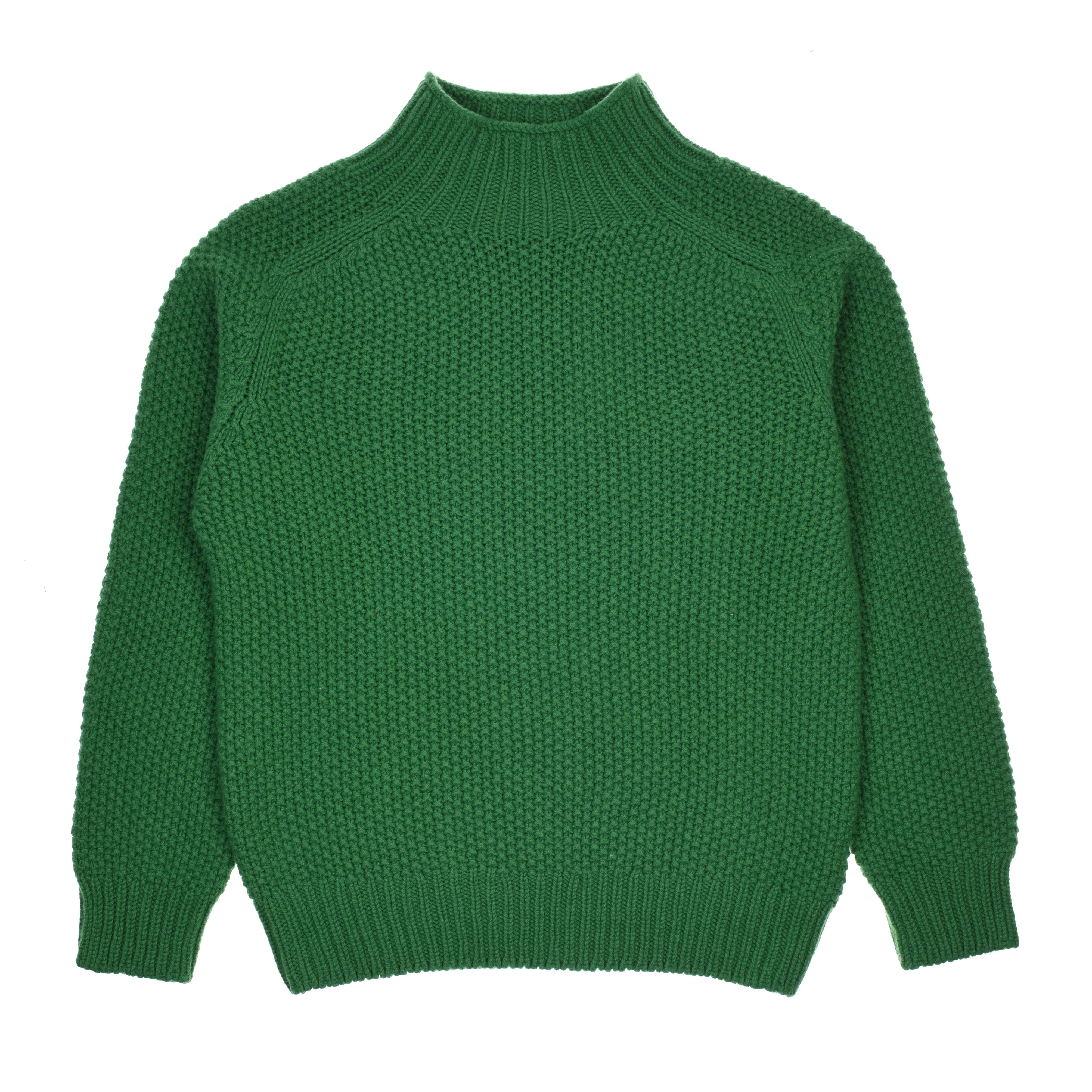 The Campbell's of Beauly Chunky Moss Stitch Polo in emerald is a Scottish-made knit featuring long sleeves, a high ribbed collar, cuffs, and waistband with a textured pattern, shown laid flat on a white background.