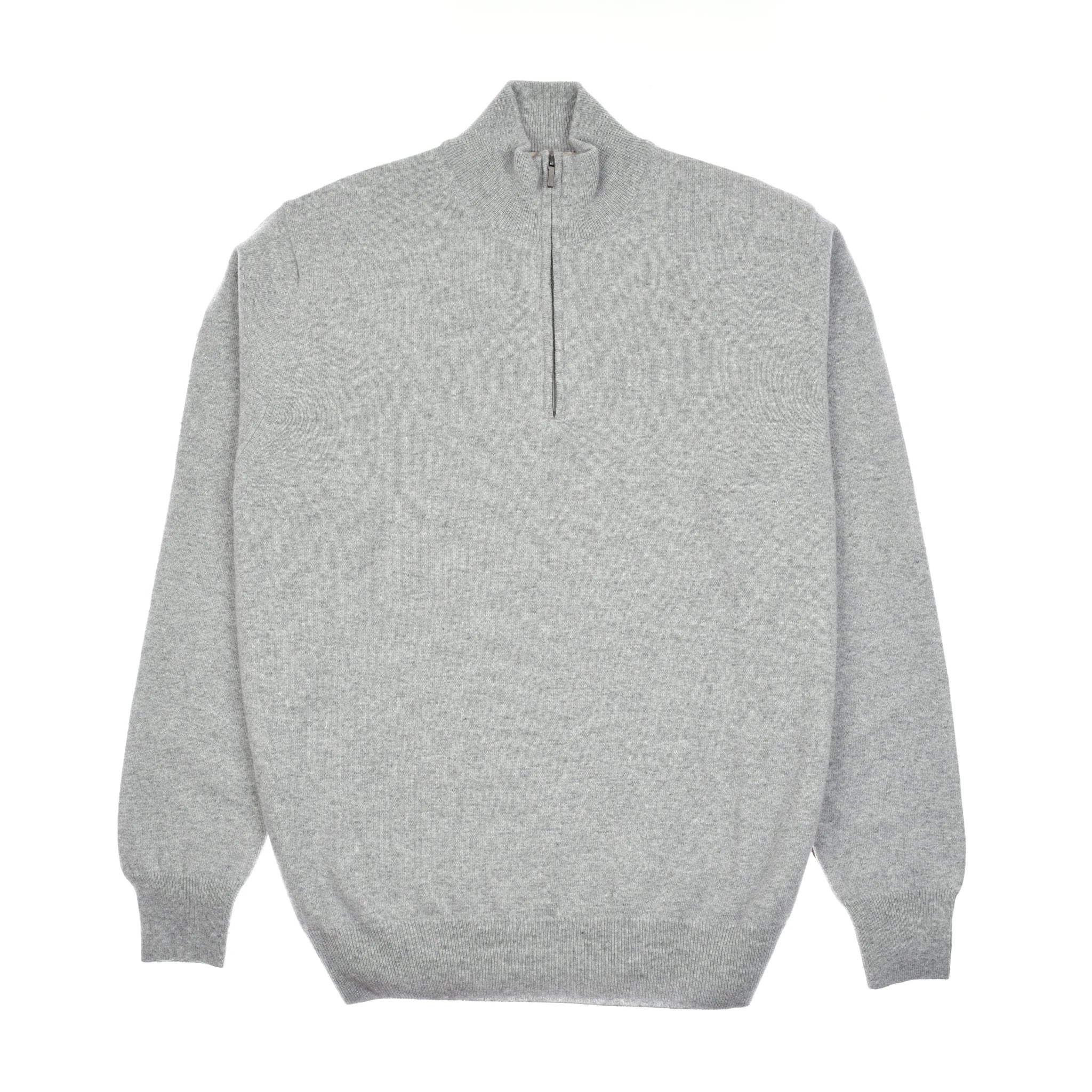 The Campbell's of Beauly Merino & Cashmere Quarter Zip Jumper in grey is a lightweight knit with ribbed cuffs and hem, half-zip collar, shown laid flat on a white background.