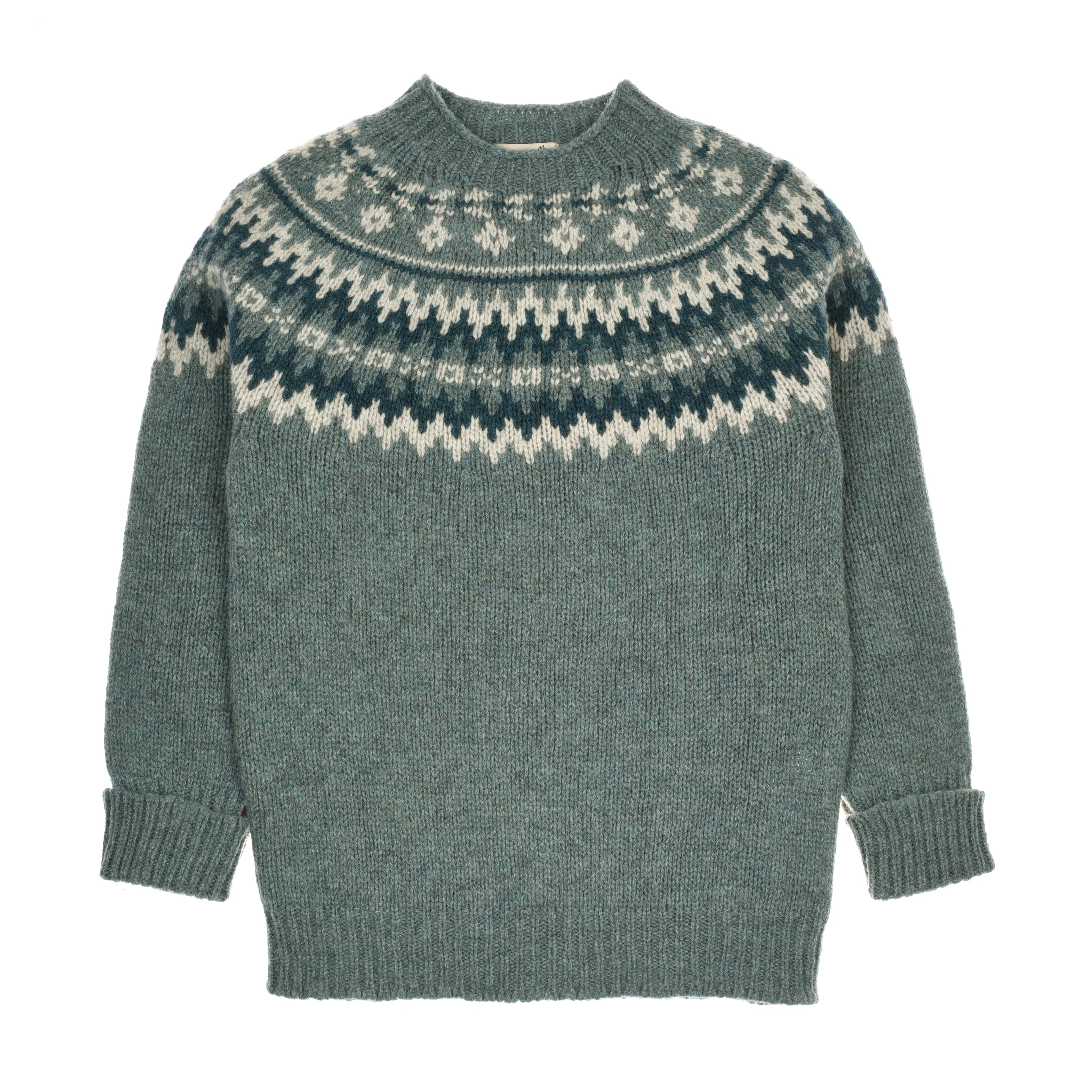 The Chunky Fairisle Jumper by Campbell's of Beauly is crafted from Shetland wool in Lovat Green, featuring a round neckline, geometric white and dark green patterned yoke, long sleeves, and ribbed hem and cuffs. A perfect winter staple.
